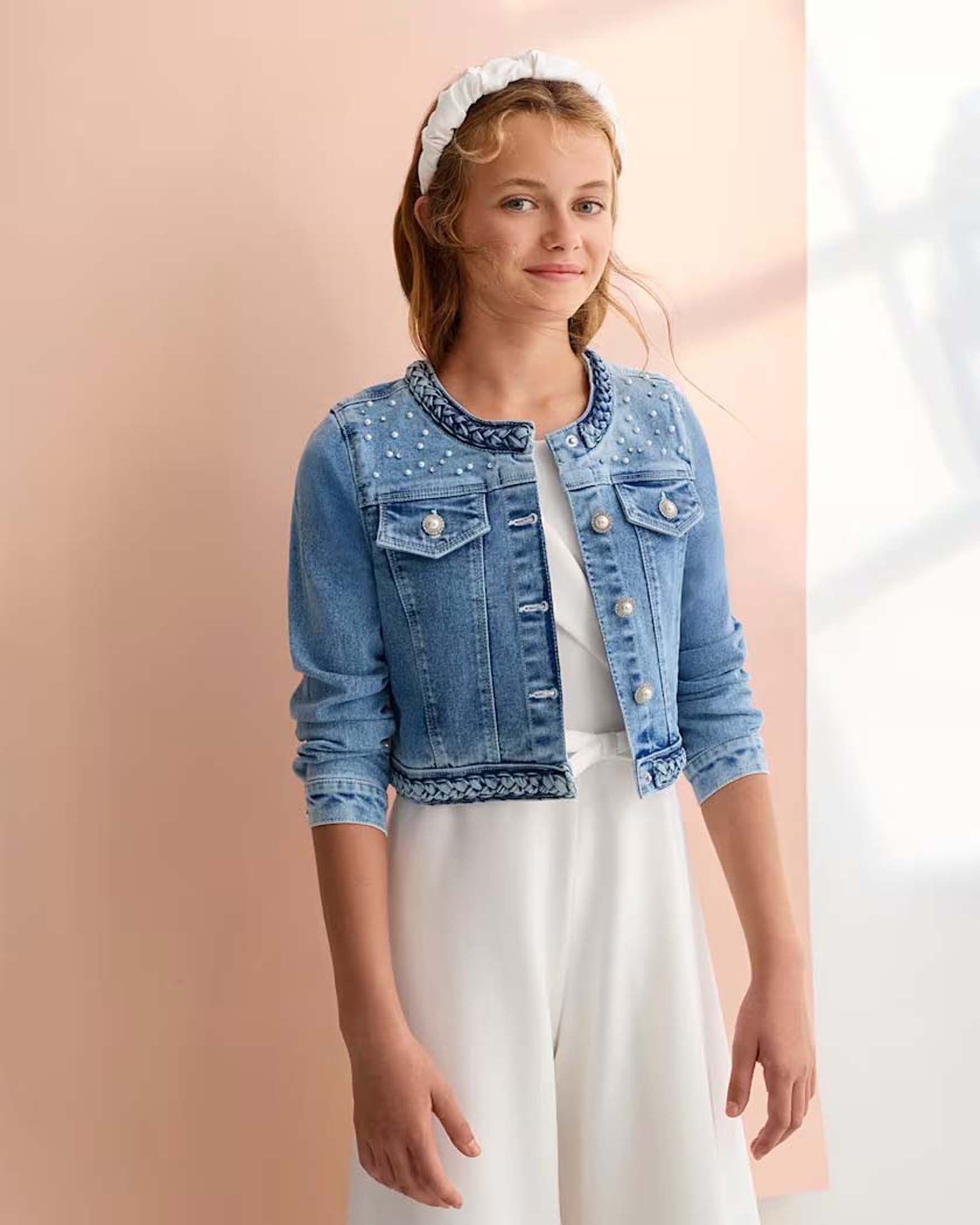 Giacca in denim Abel & Lula cropped con perline e dettagli trecce