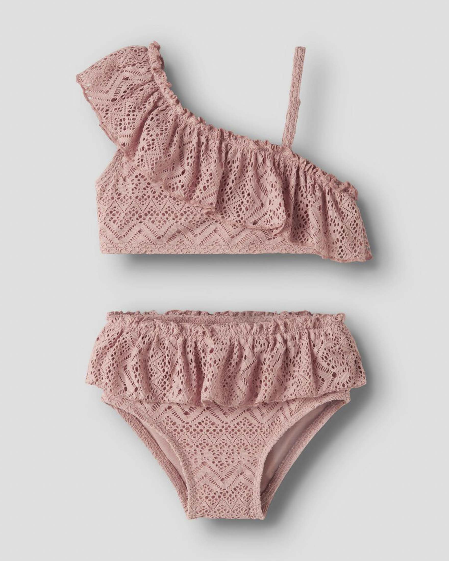 Bikini Lil'Atelier monospalla rosa con rouches e pizzo