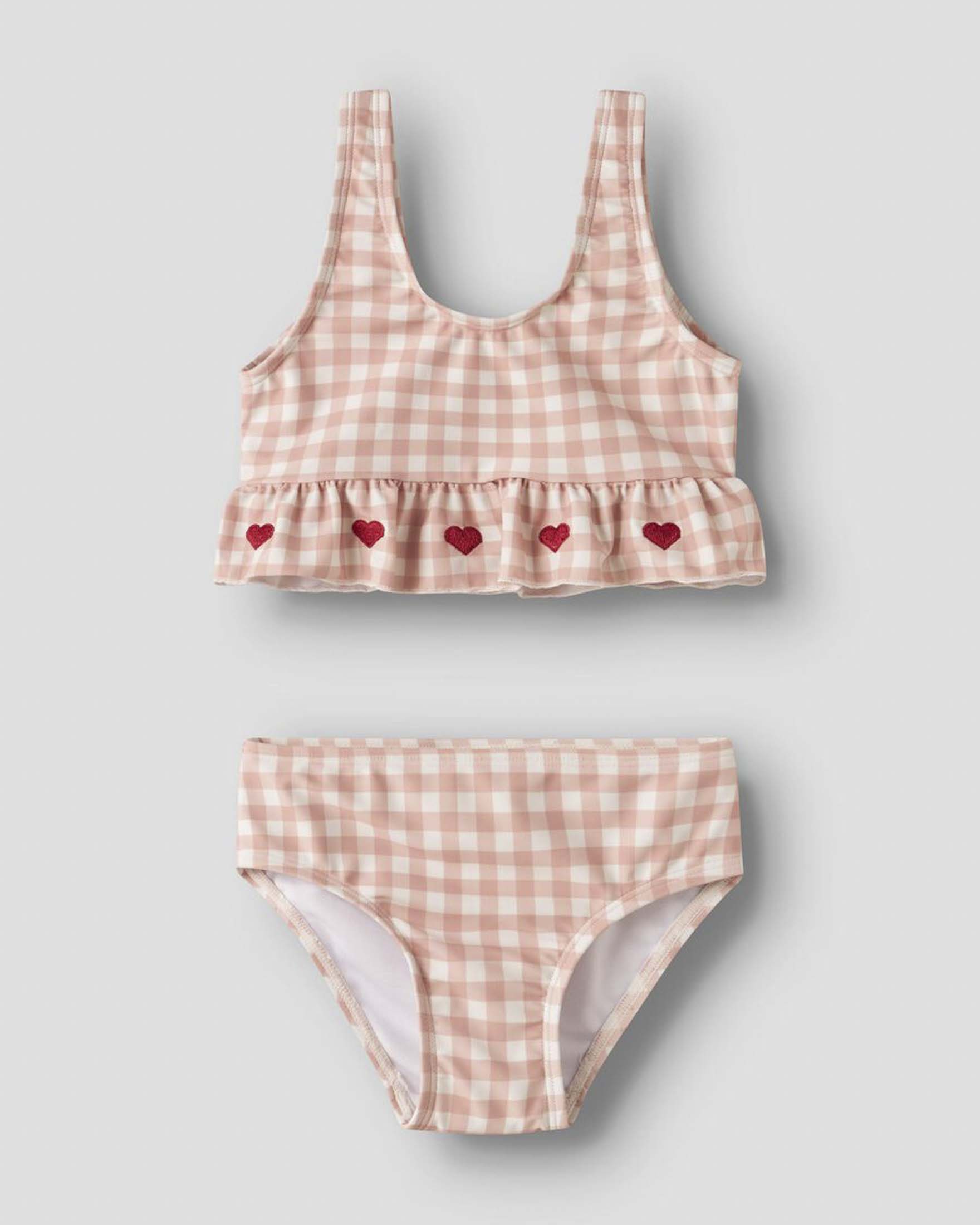 Bikini Lil'Atelier monospalla in vichy rosa e bianco con rouches e cuoricini