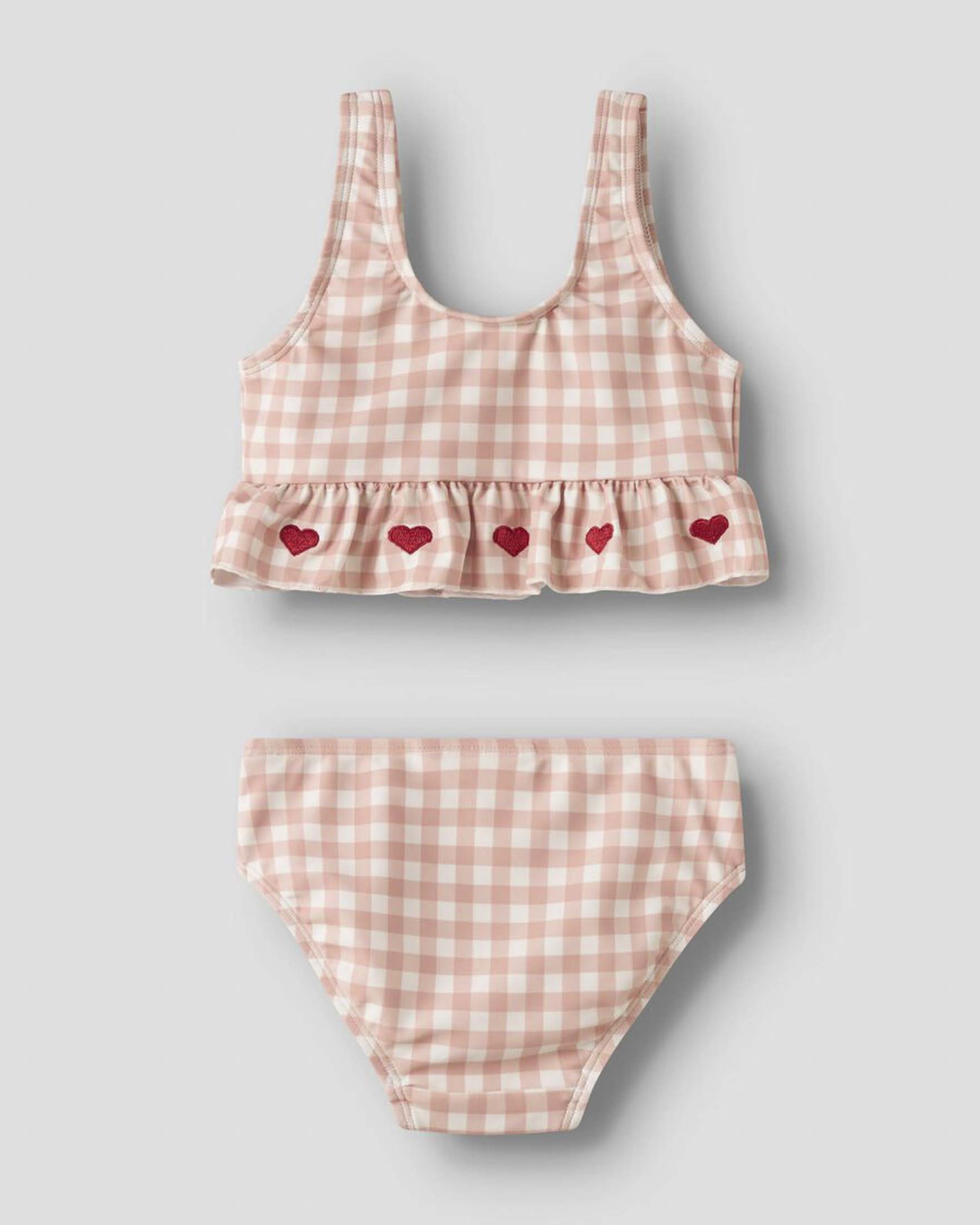 Bikini Lil'Atelier monospalla in vichy rosa e bianco con rouches e cuoricini image