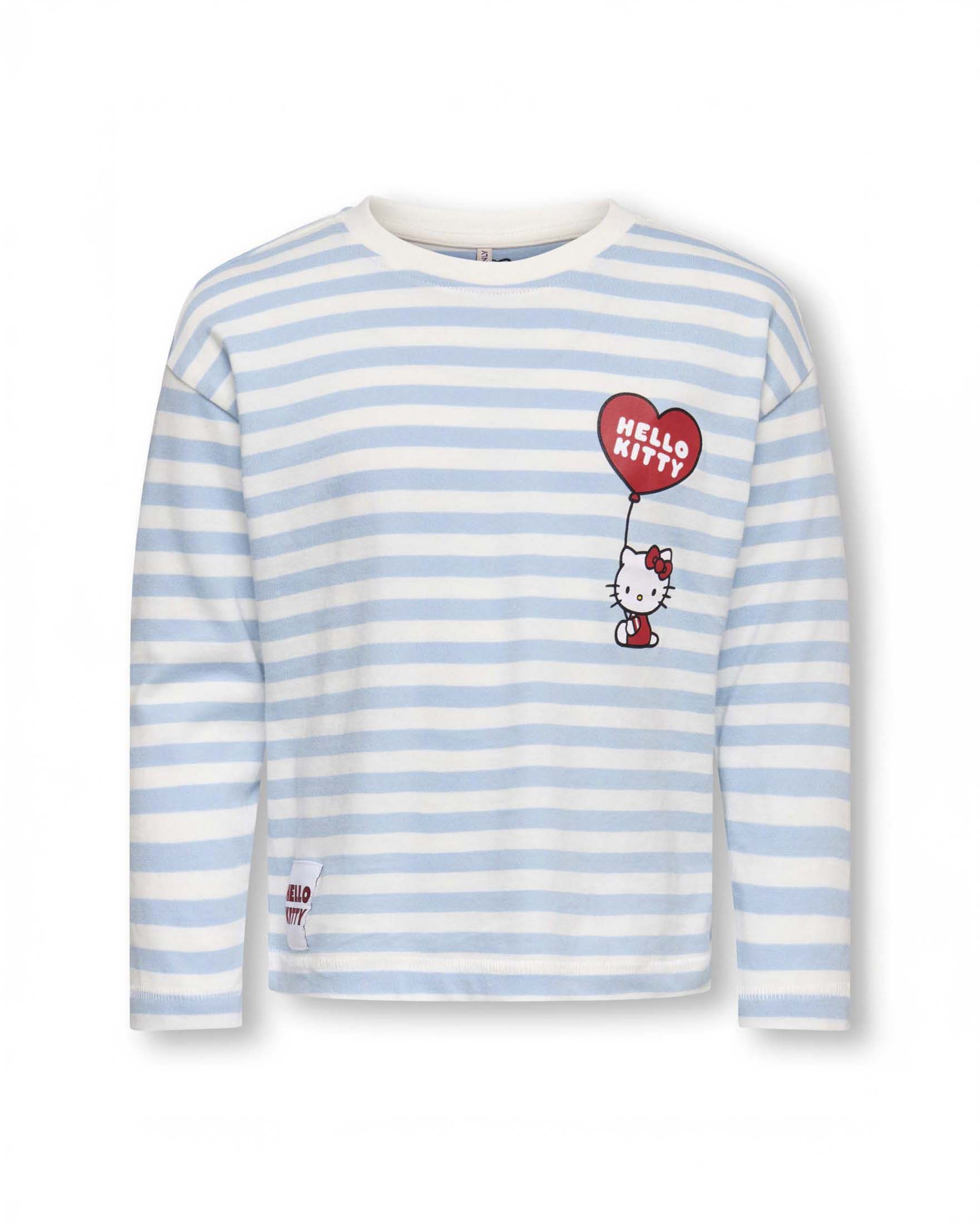 T-shirt Kids Only a righe azzurre e bianche a maniche lunghe con stampa Hello Kitty
