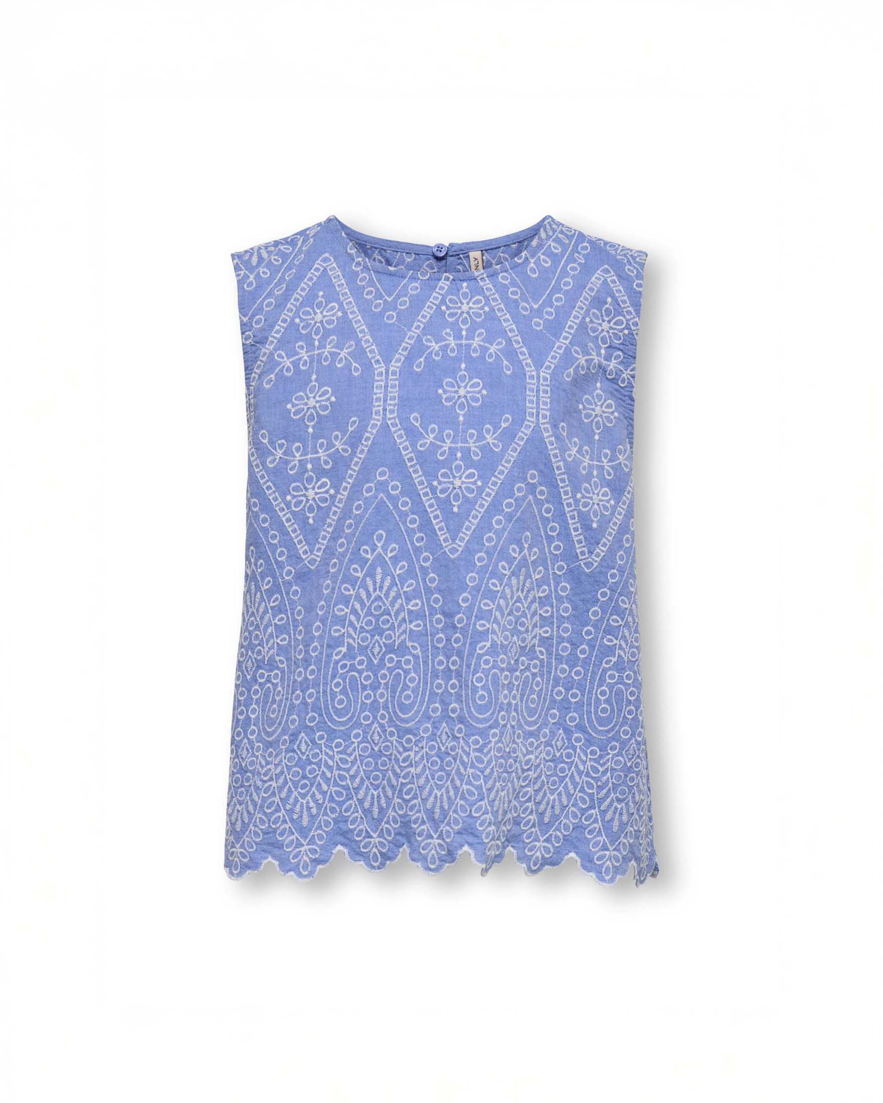 Camicetta azzurra smanicata Kids Only in puro cotone con ricami bianchi