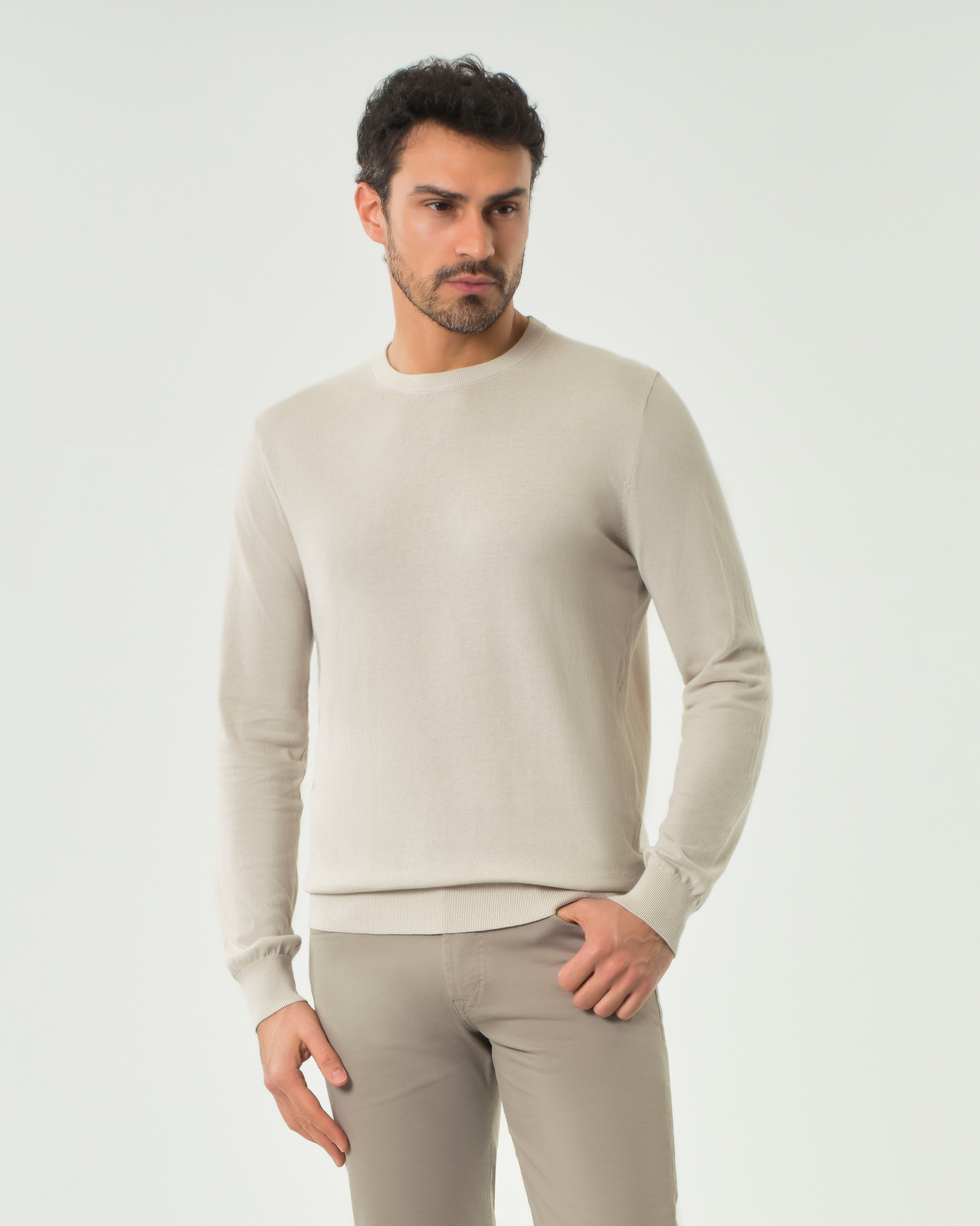 Maglioncino beige girocollo Pellizzari in crêpe di puro cotone