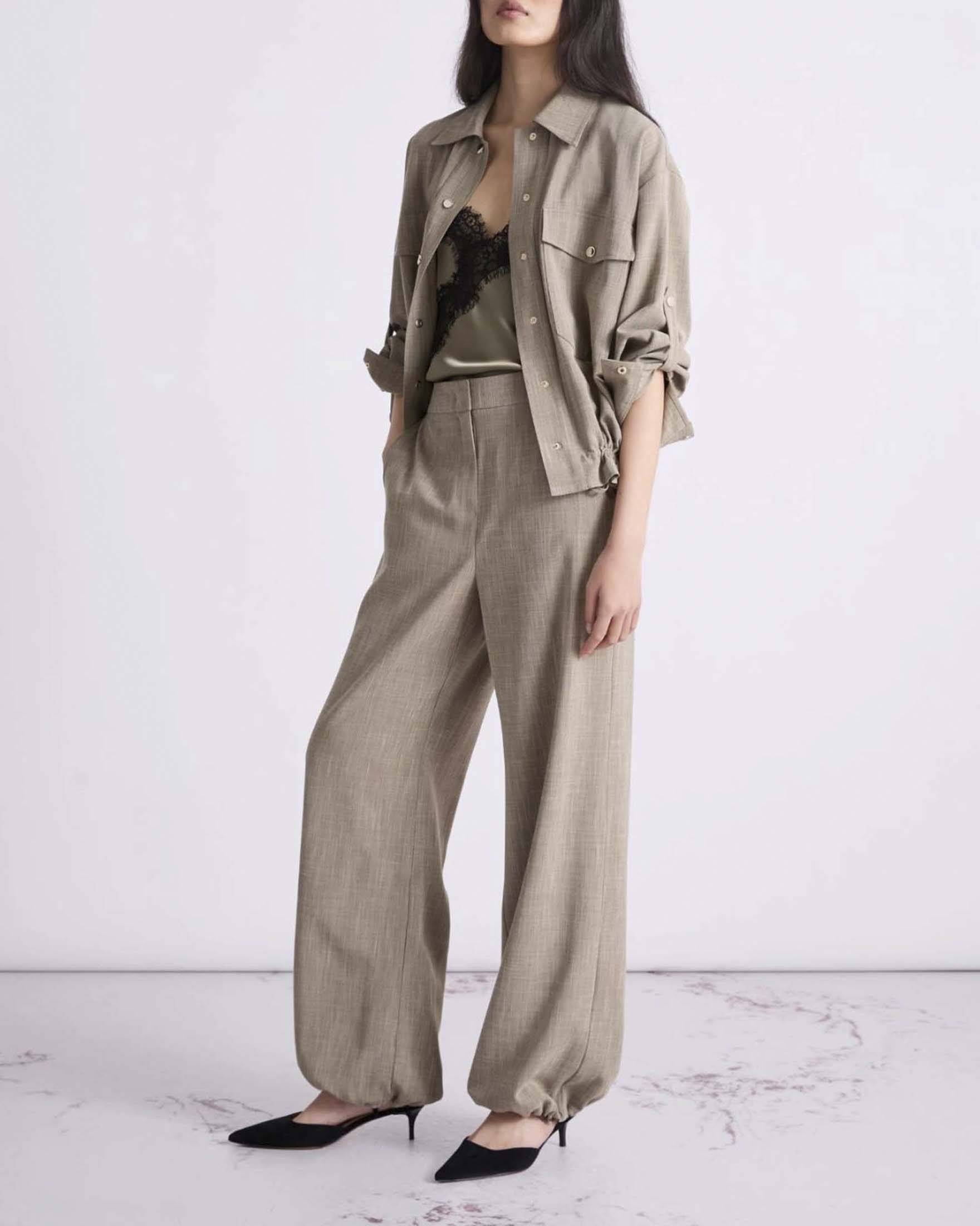 Top lingerie asimmetrico Marella color khaki in raso con inserti in pizzo rebrodé a contrasto