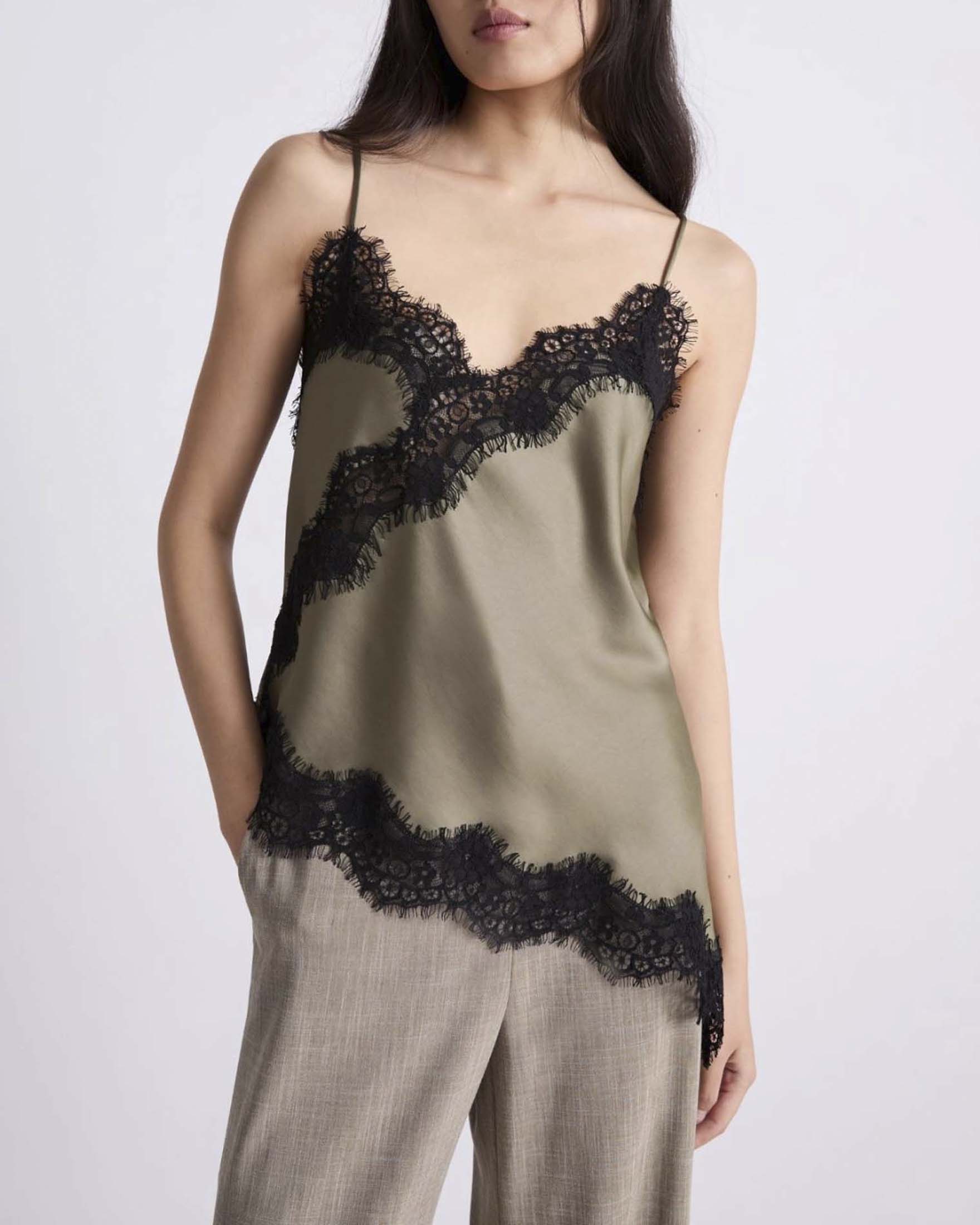 Top lingerie asimmetrico Marella color khaki in raso con inserti in pizzo rebrodé a contrasto image