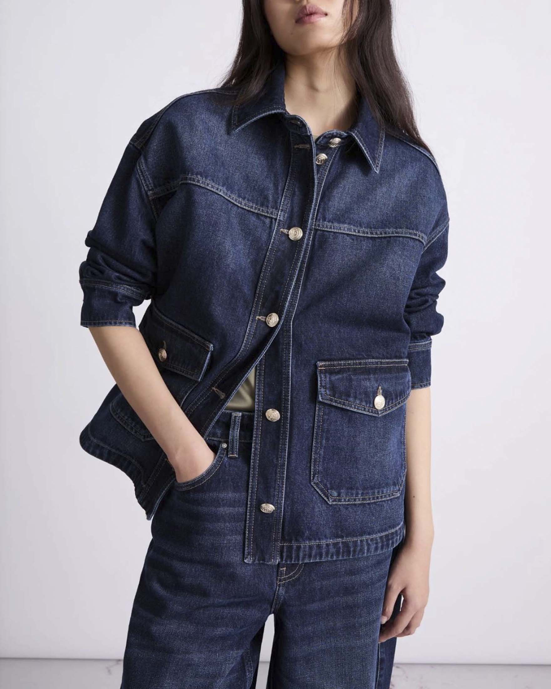 Giacca camicia over Marella in denim di cotone blu con tasche applicate image