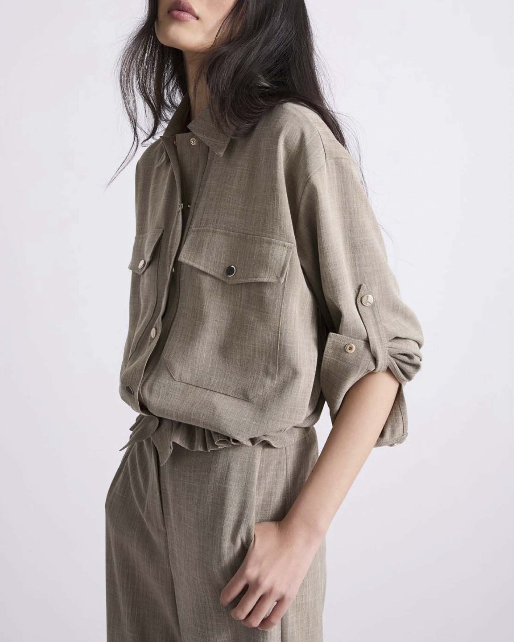 Giacca camicia sahariana Marella color khaki in misto viscosa con coulisse e tasche con patta image