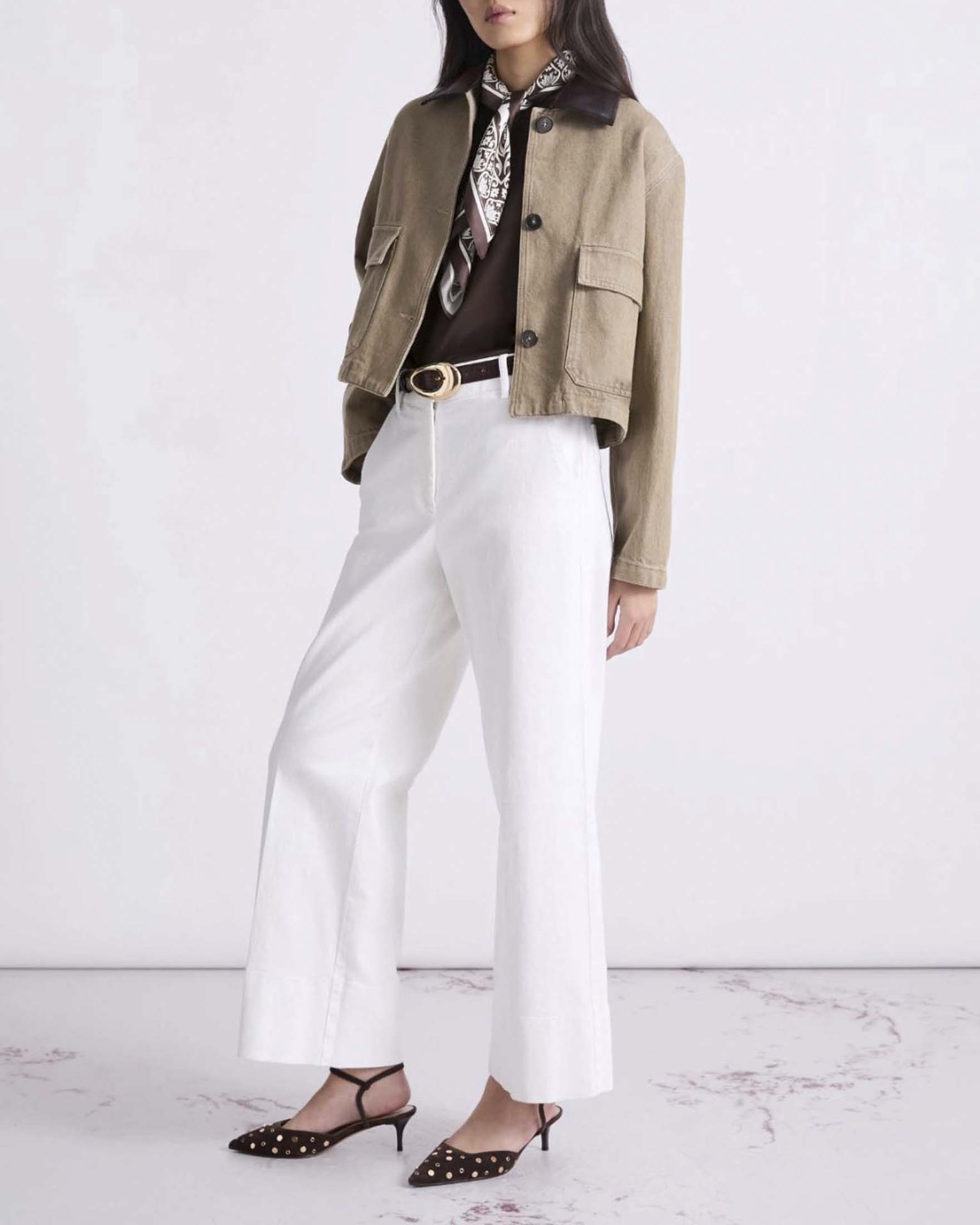 Giacca camicia Marella color khaki in bull di cotone con colletto in jersey spalmato