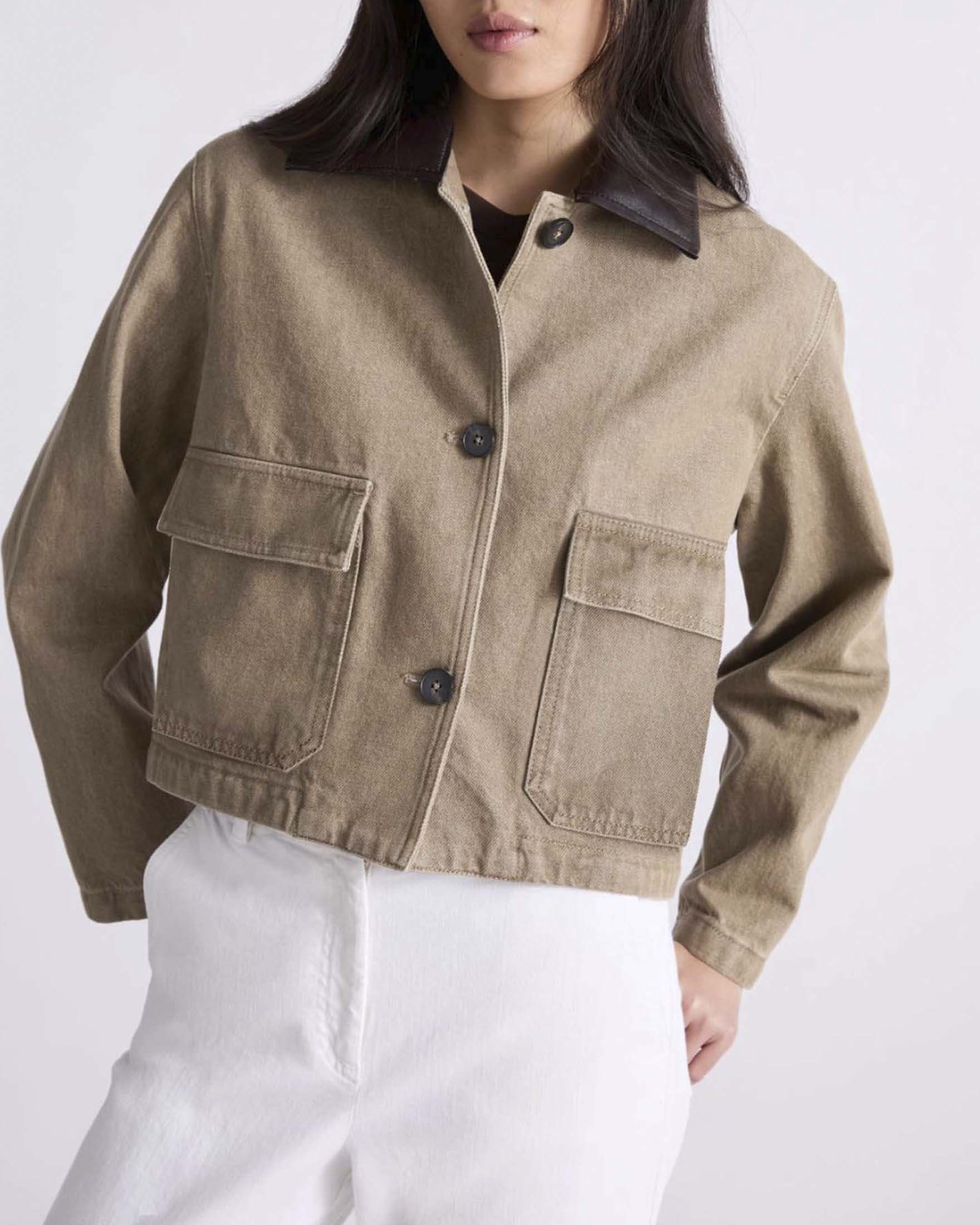 Giacca camicia Marella color khaki in bull di cotone con colletto in jersey spalmato image