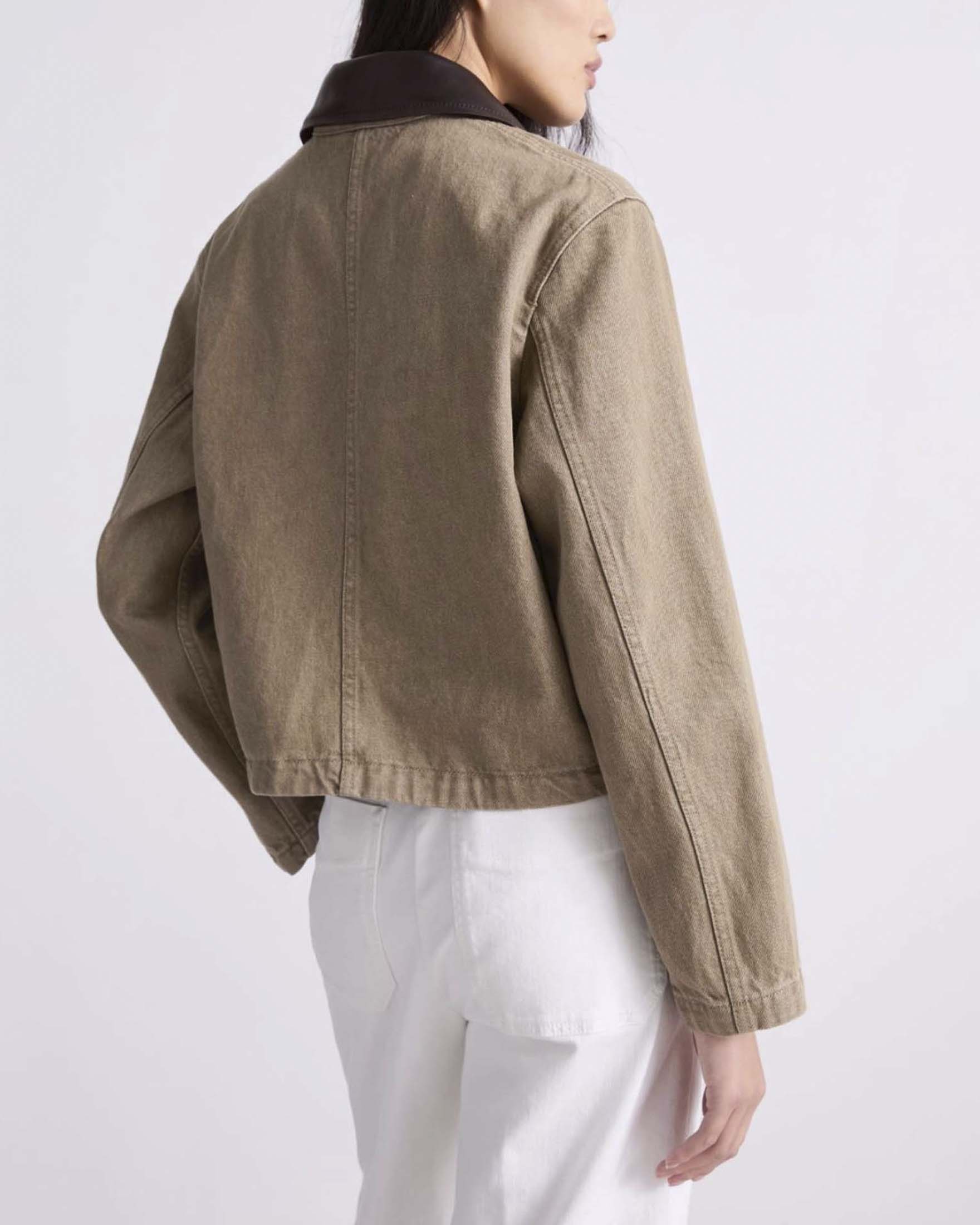 Giacca camicia Marella color khaki in bull di cotone con colletto in jersey spalmato