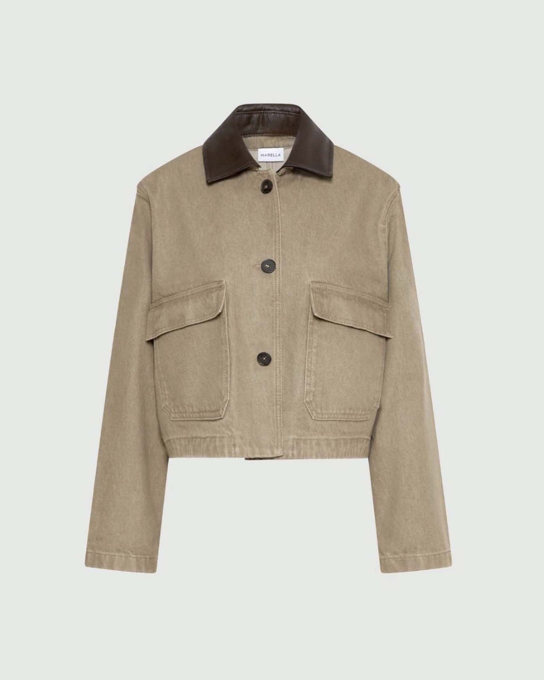 Giacca camicia Marella color khaki in bull di cotone con colletto in jersey spalmato