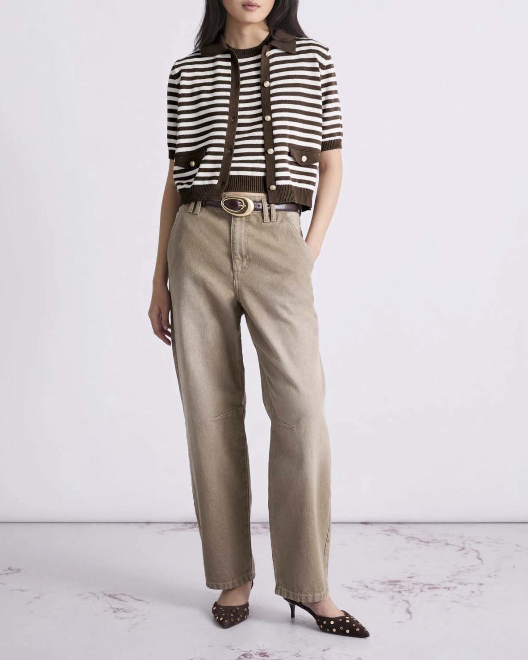 Cardigan maniche corte Marella in cotone e seta a righe marroni e avorio con tasche e bottoni dorati