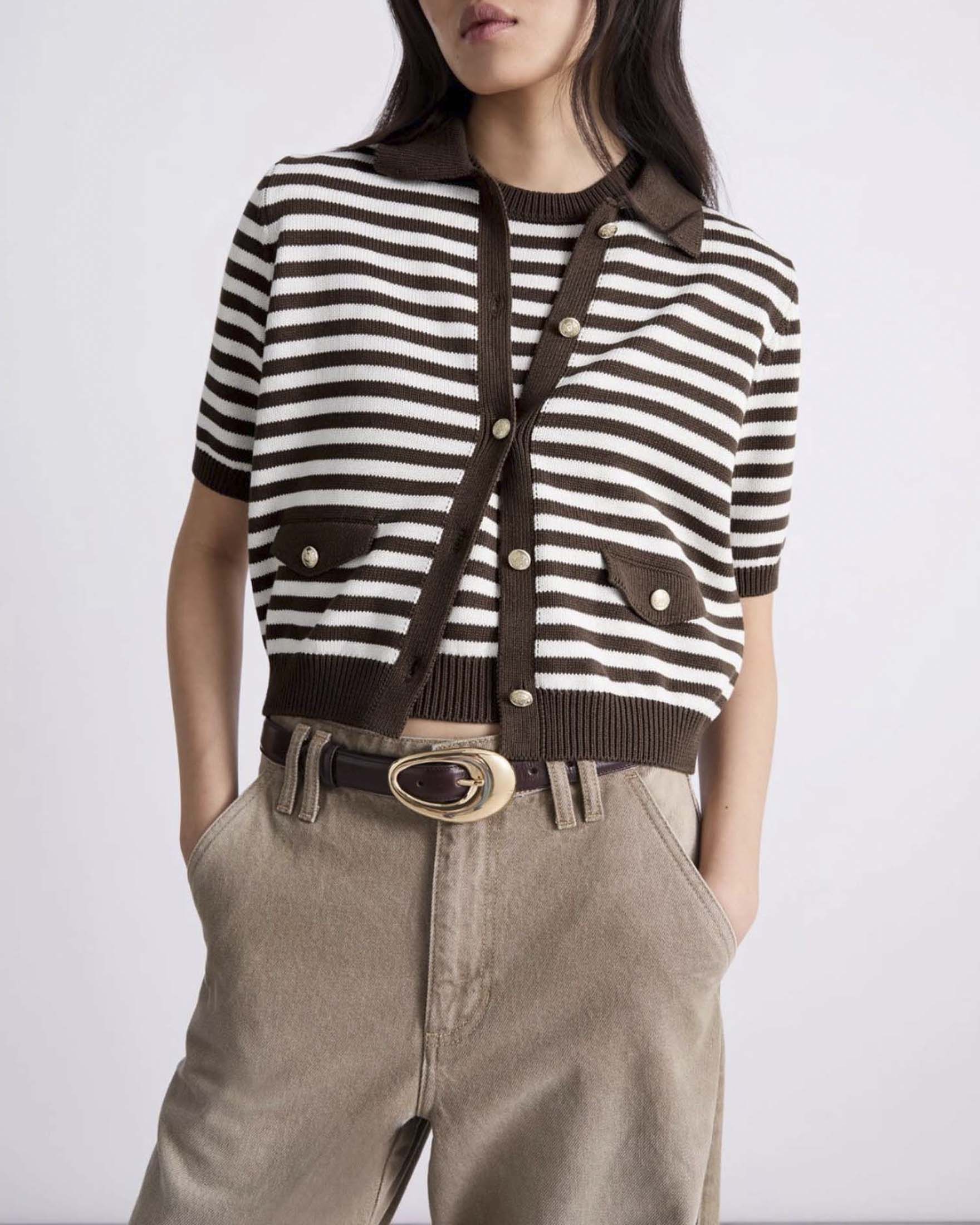 Cardigan maniche corte Marella in cotone e seta a righe marroni e avorio con tasche e bottoni dorati image