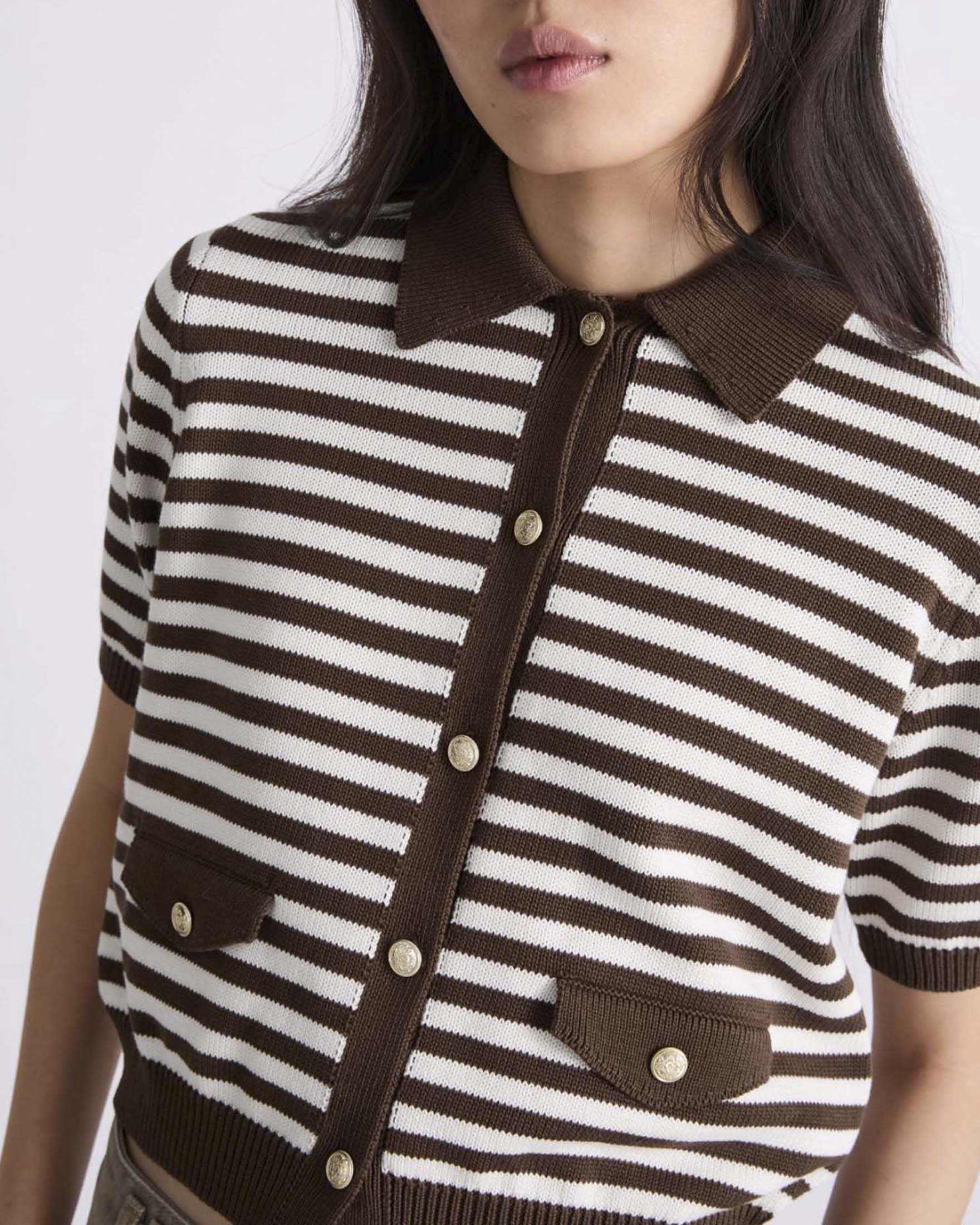 Cardigan maniche corte Marella in cotone e seta a righe marroni e avorio con tasche e bottoni dorati