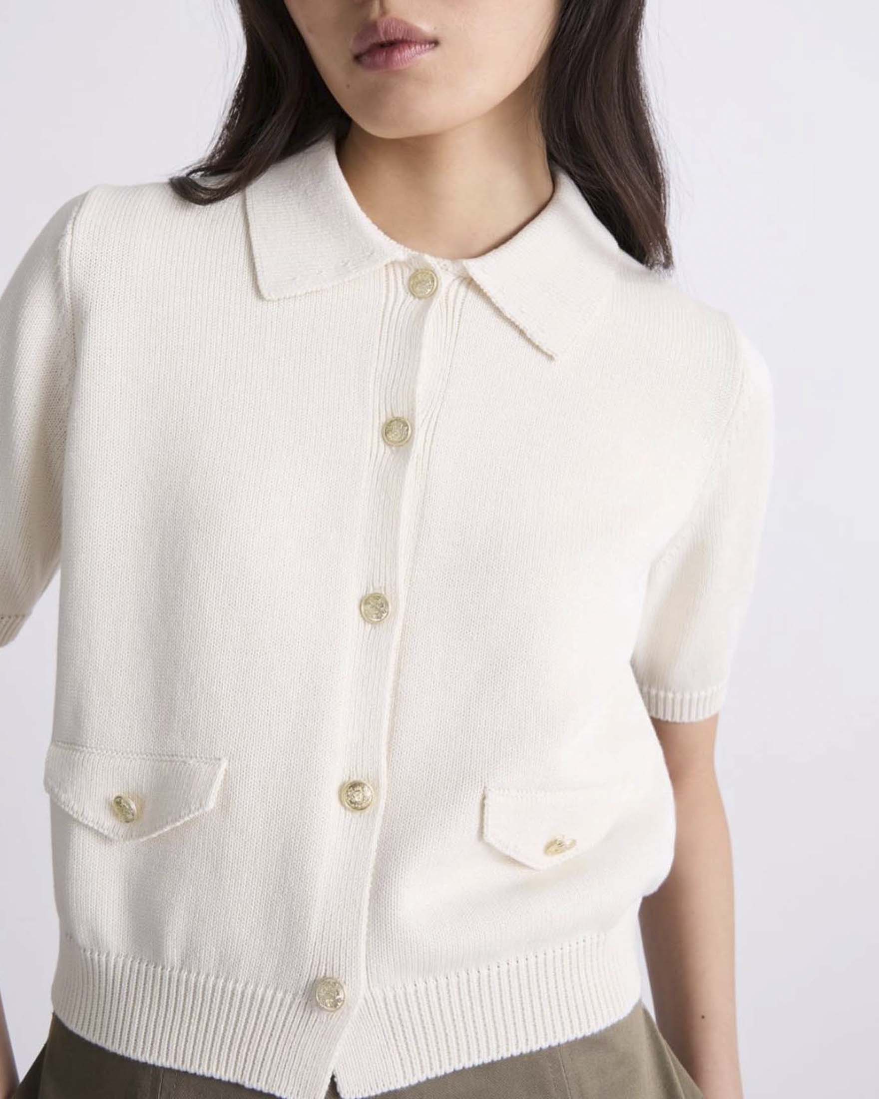 Cardigan maniche corte Marella in cotone e seta color avorio con tasche e bottoni dorati