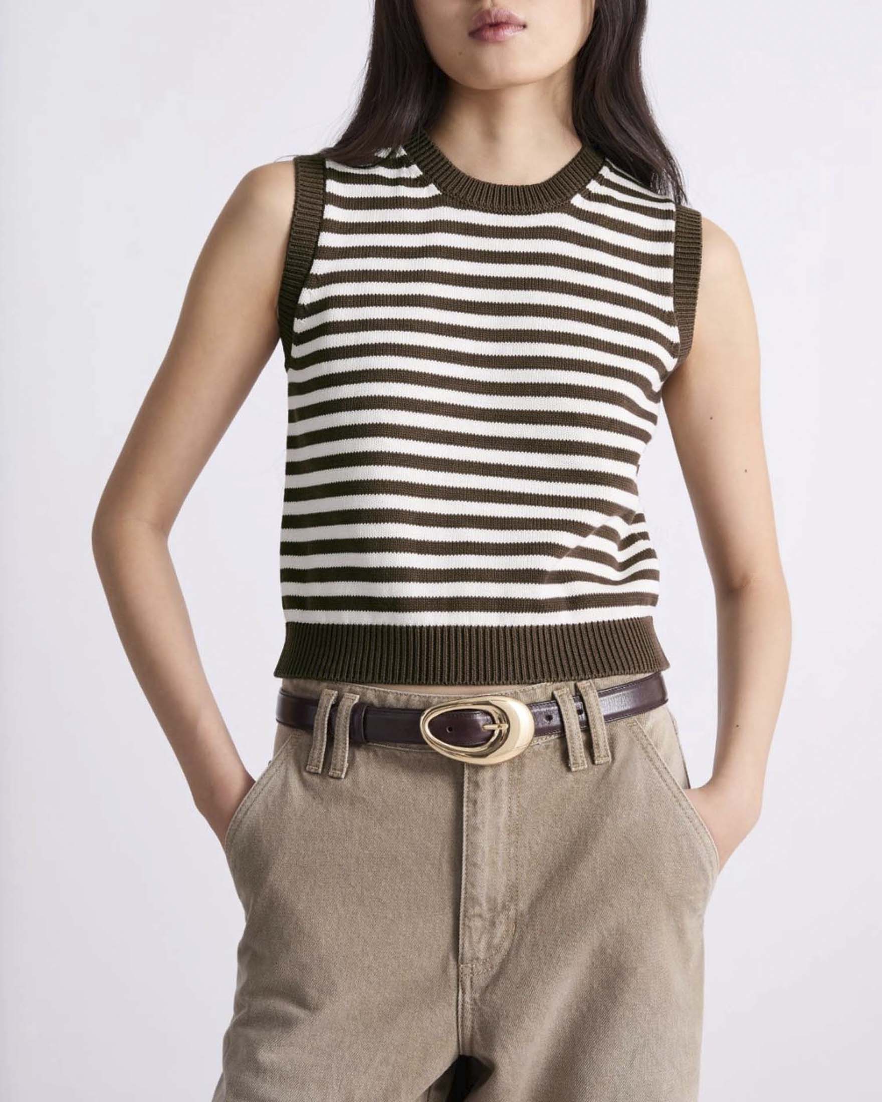 Gilet Marella a righe marroni e avorio in misto cotone e seta con bordi a costine