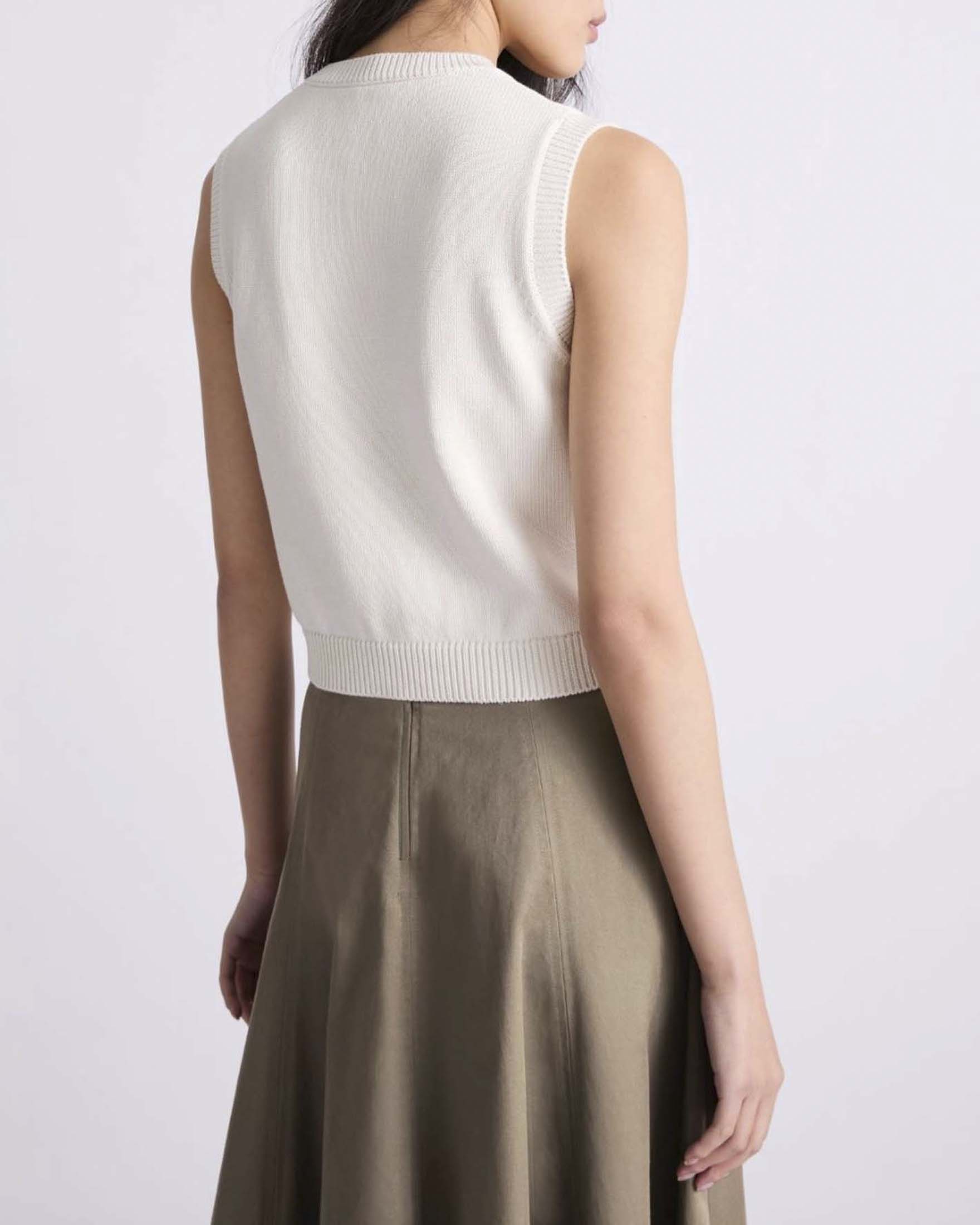 Gilet Marella color avorio in misto cotone e seta con bordi a costine