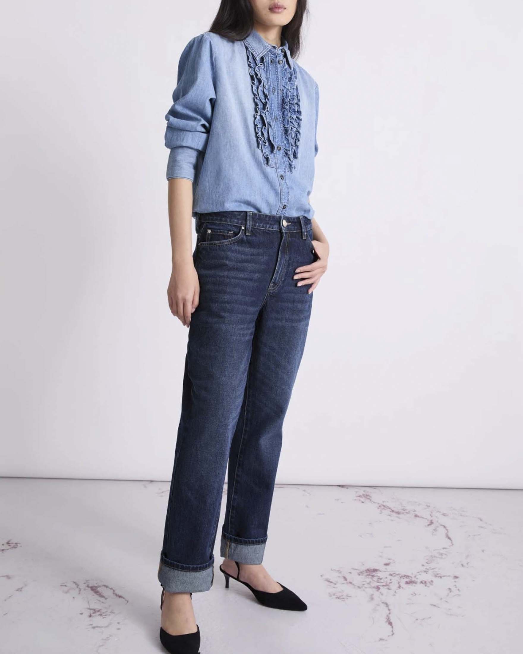 Jeans straight Marella in denim di cotone blu medio a vita media con risvolti