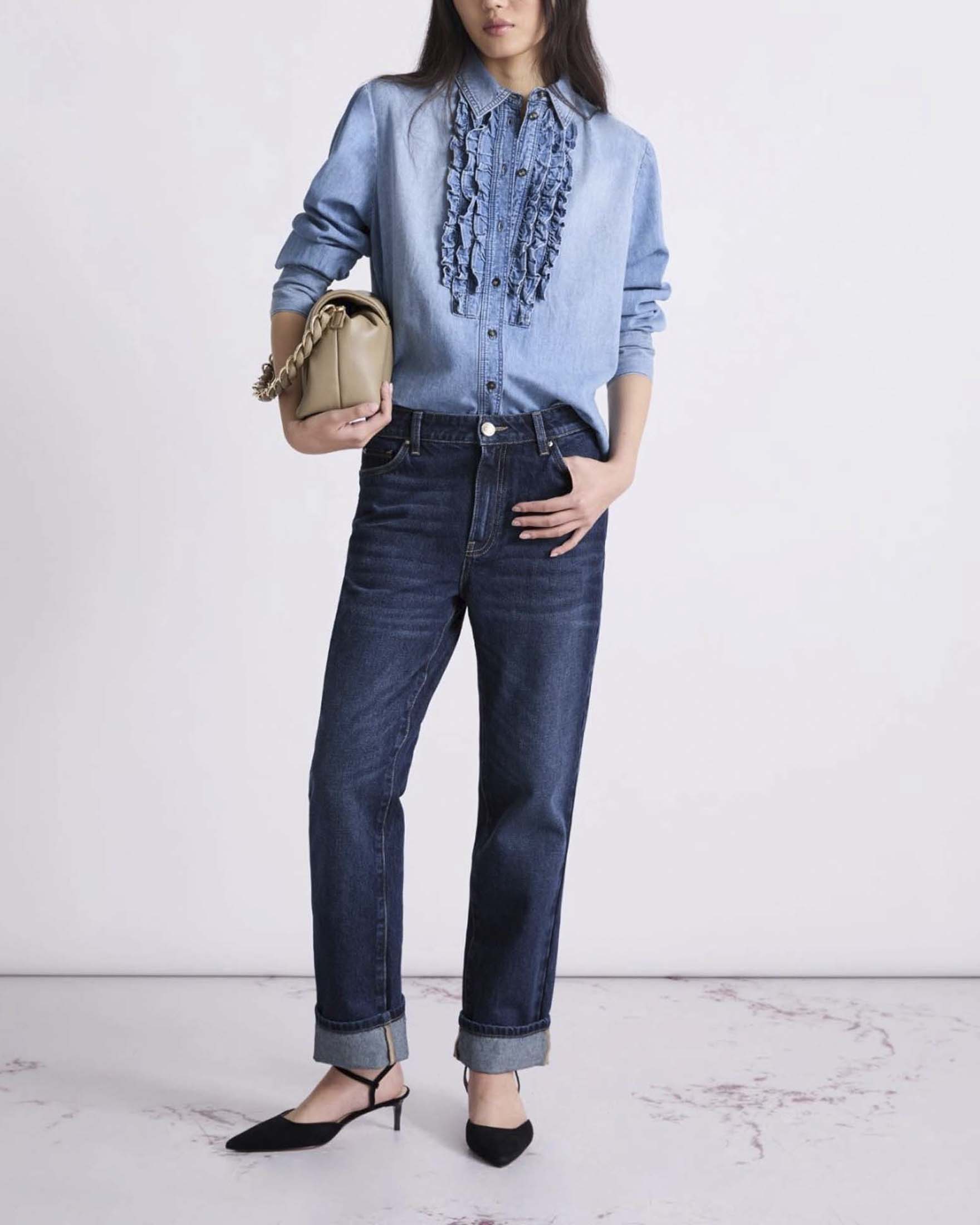 Jeans straight Marella in denim di cotone blu medio a vita media con risvolti image
