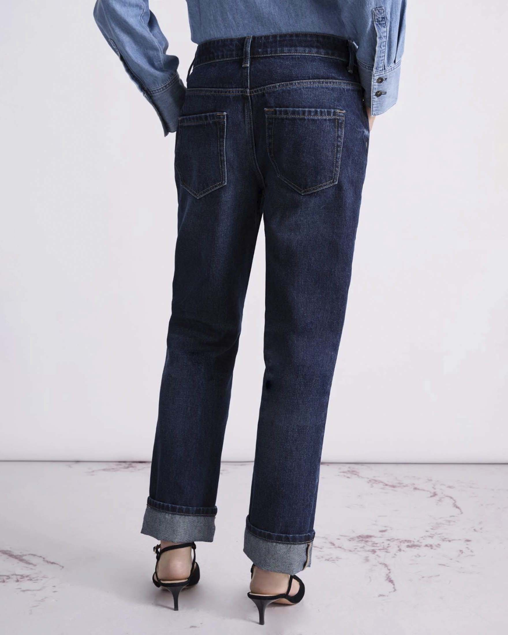 Jeans straight Marella in denim di cotone blu medio a vita media con risvolti