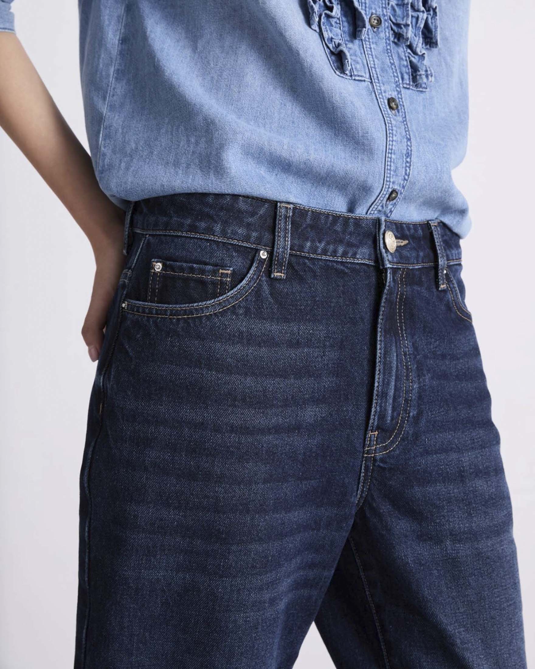 Jeans straight Marella in denim di cotone blu medio a vita media con risvolti