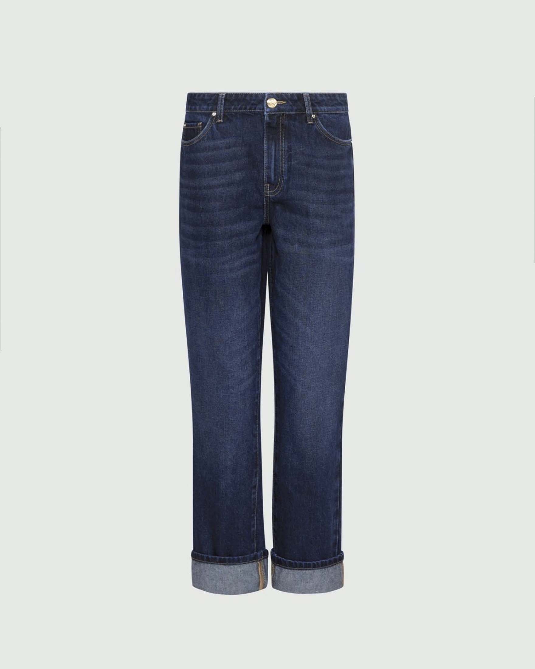 Jeans straight Marella in denim di cotone blu medio a vita media con risvolti