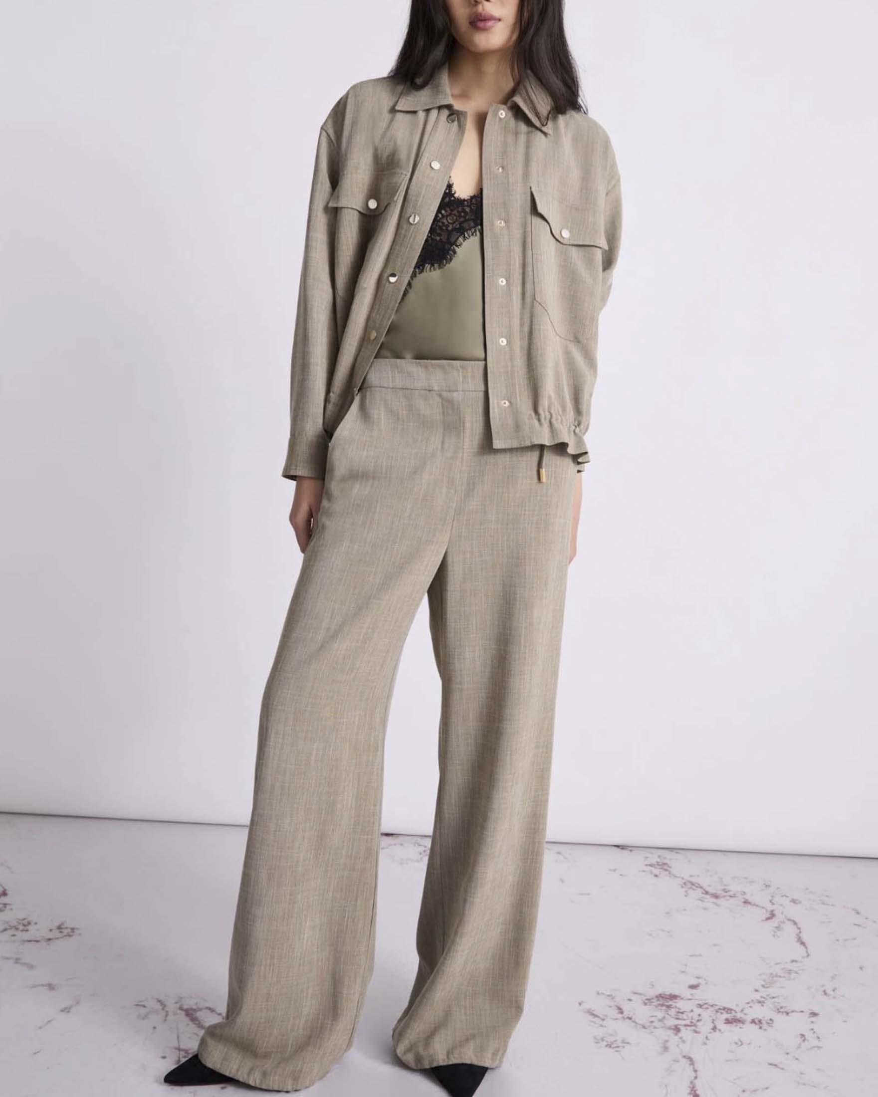 Pantalone wide Marella color khaki in misto viscosa stretch con coulisse sul fondo image