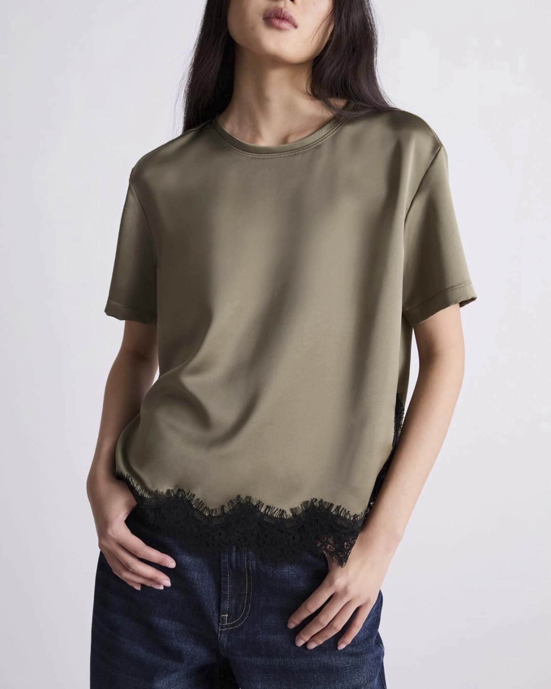 Blusa maniche corte Marella color khaki in raso con inserti in pizzo rebrodé a contrasto