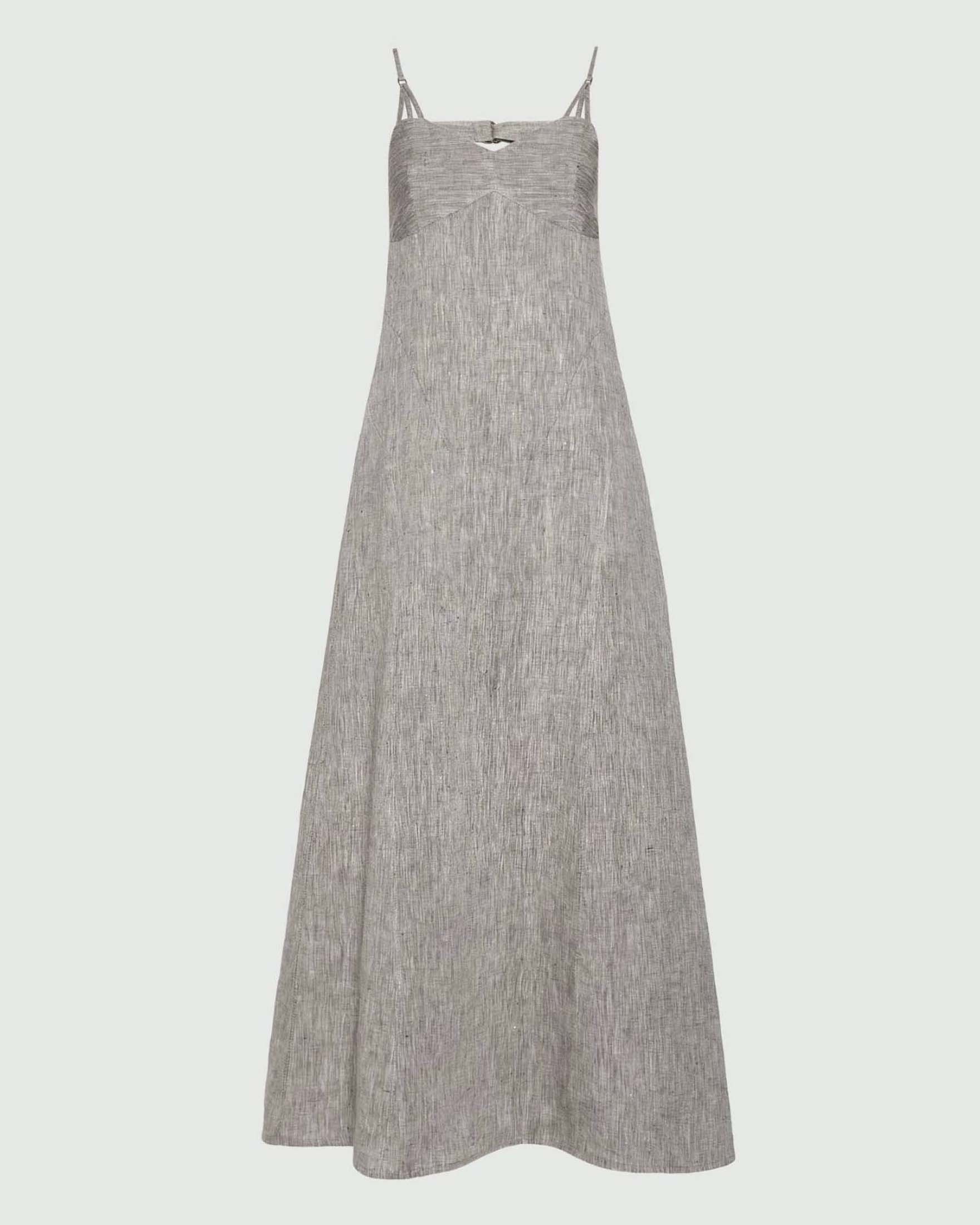 Abito lungo Marella marrone in chambray di lino con scollo a V e schiena scoperta