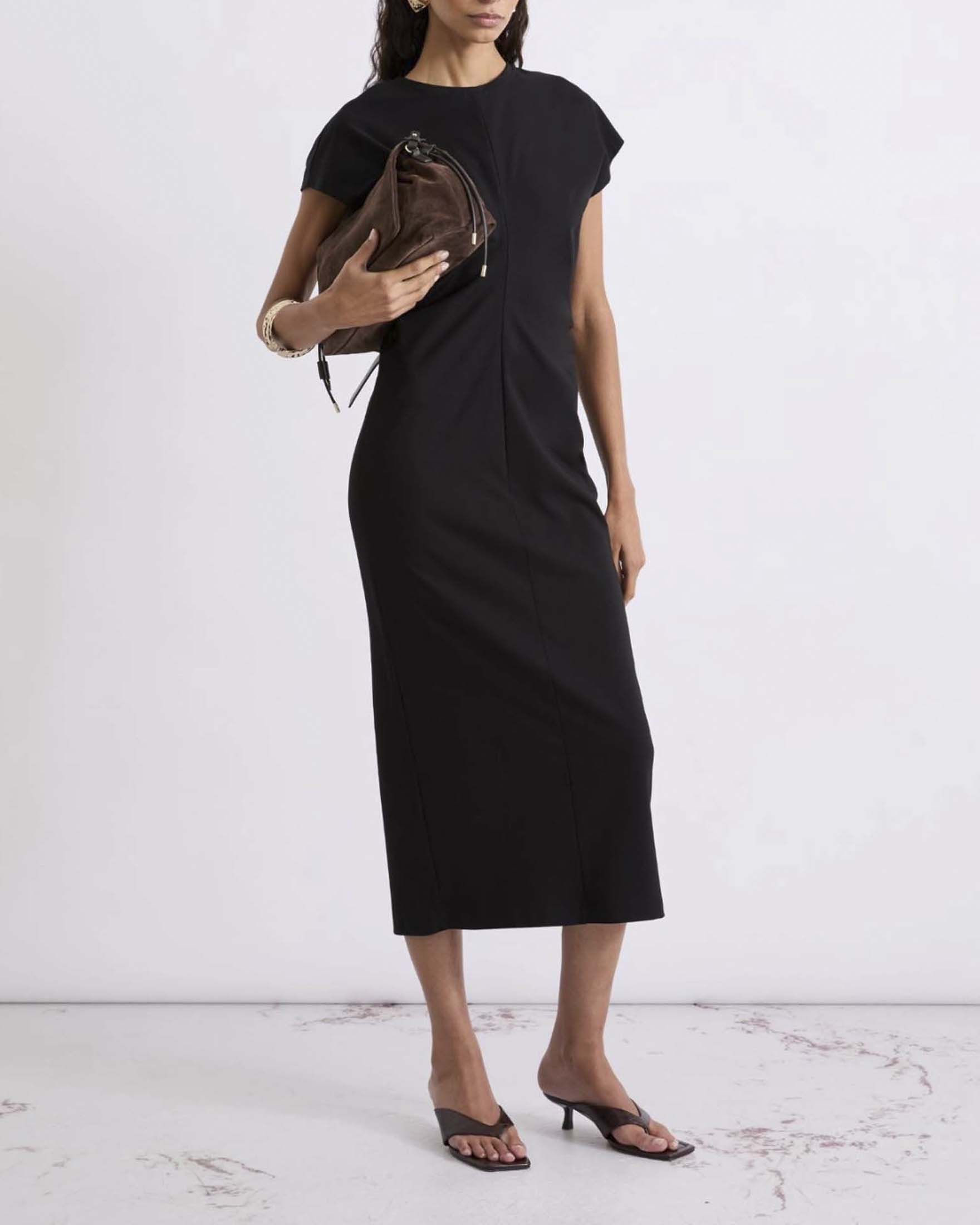 Abito midi Marella nero in jersey con drappeggio in vita e maniche corte a kimono