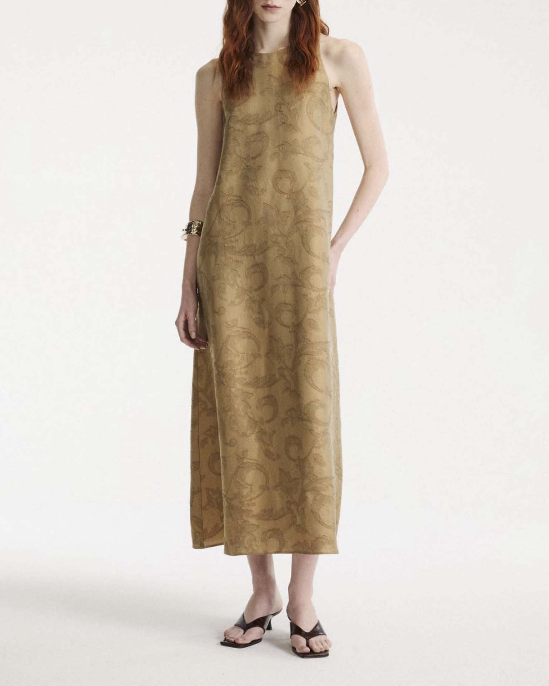 Abito midi Marella color cuoio in misto viscosa con scollo halter e zip laterale