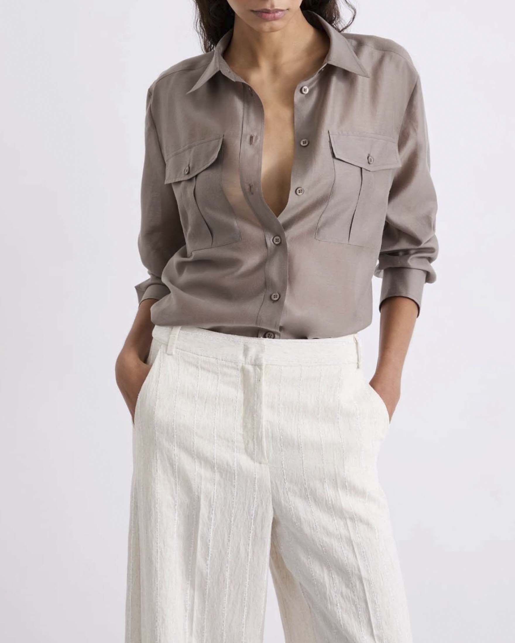 Camicia Marella color tortora in organza mista lyocell con tasche applicate image