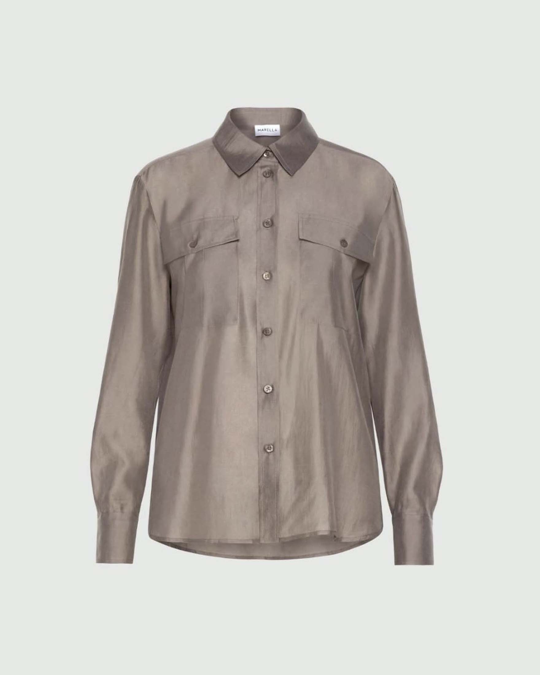 Camicia Marella color tortora in organza mista lyocell con tasche applicate