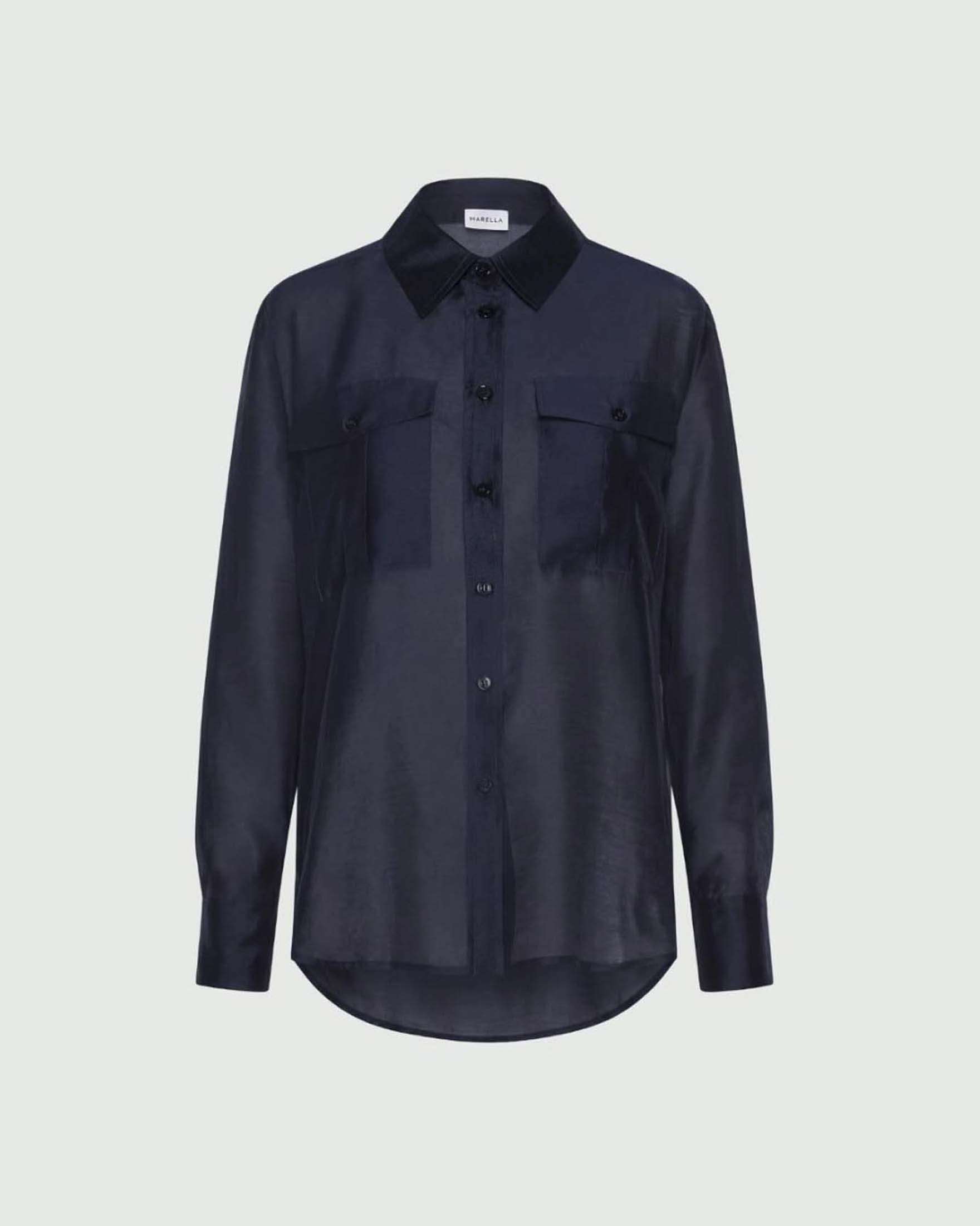 Camicia Marella blu in organza mista lyocell con tasche applicate