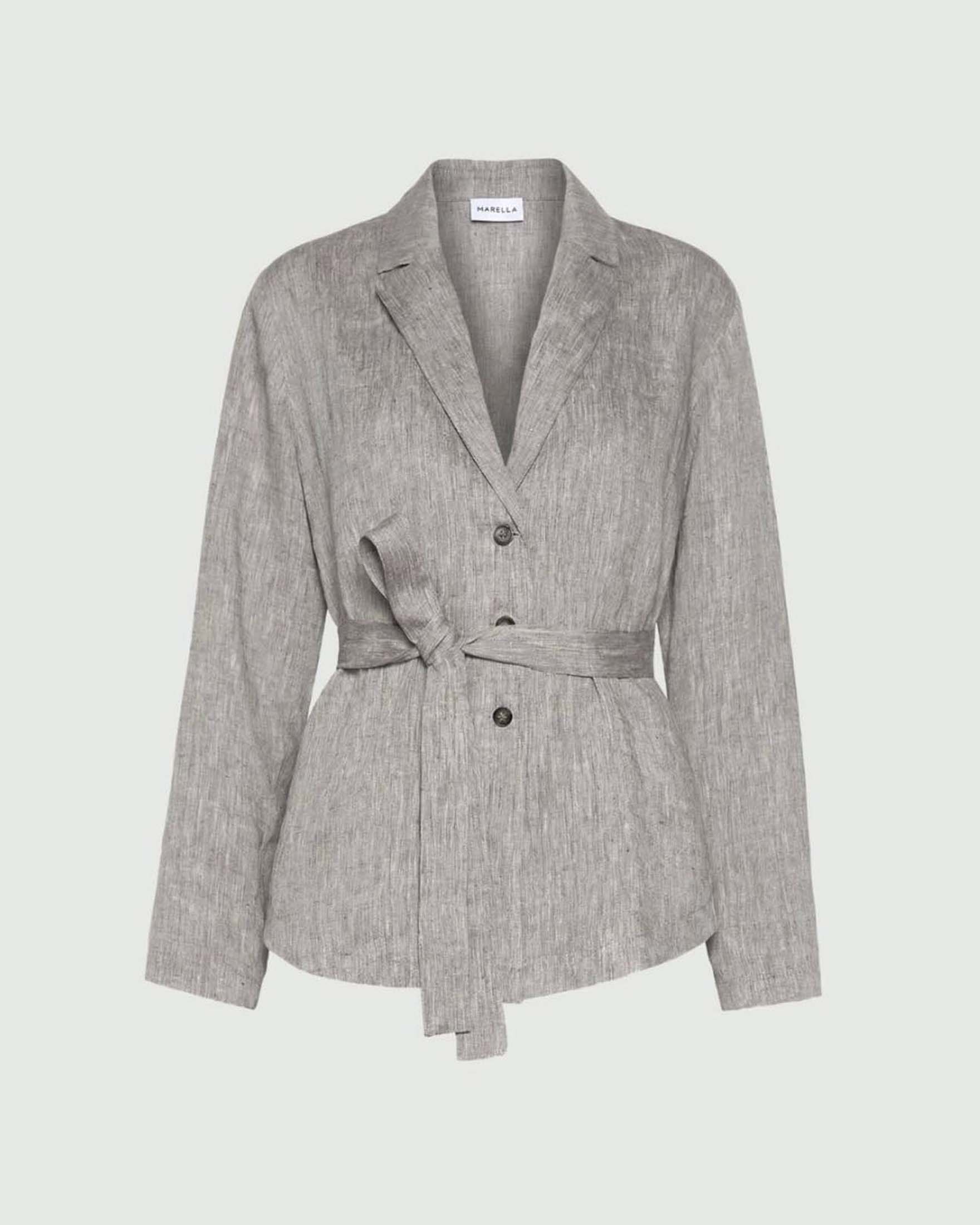 Giacca camicia Marella marrone in chambray di lino con cintura in vita