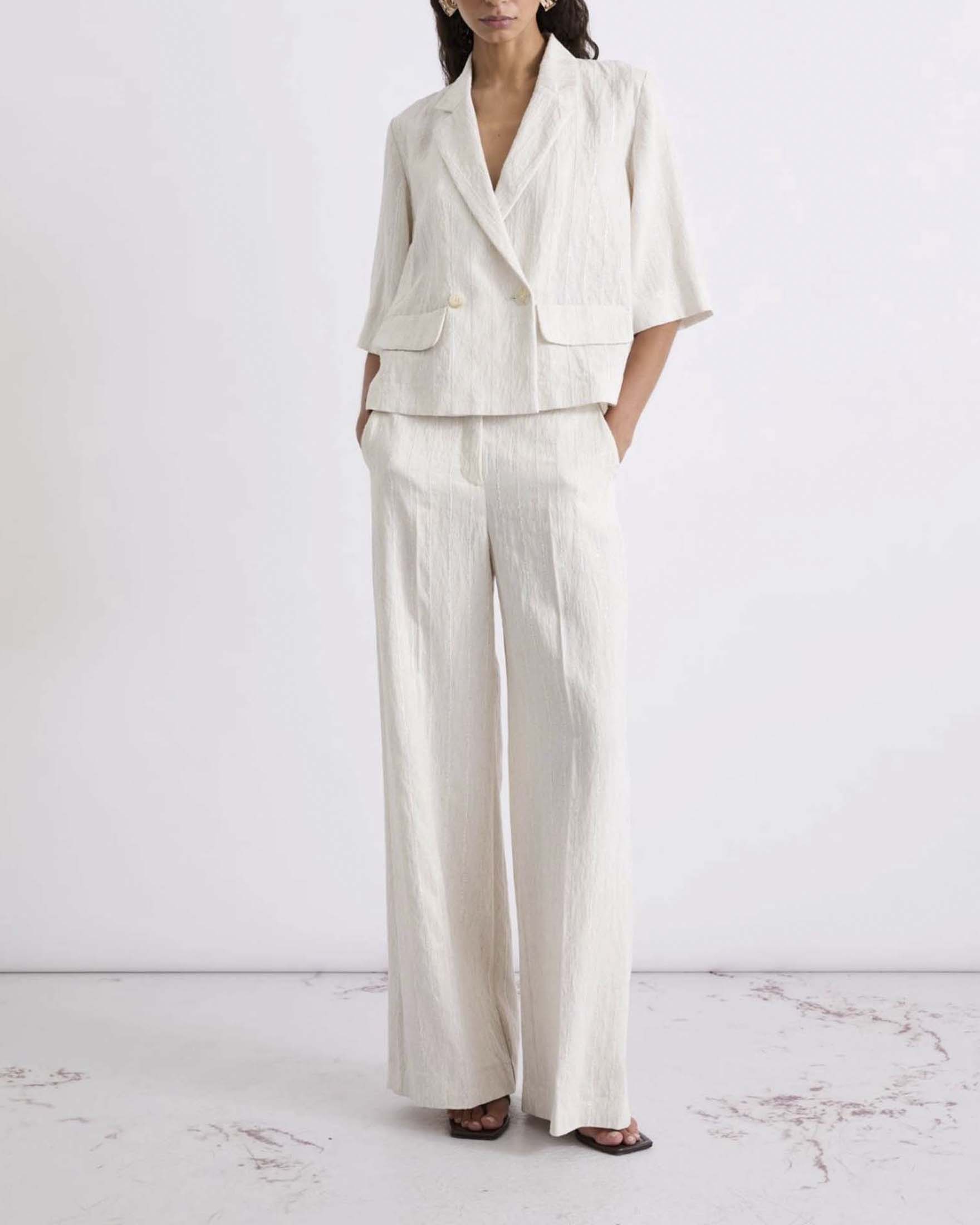 Blazer doppiopetto a mezza manica Marella bianco in viscosa e lino gessato con paillettes