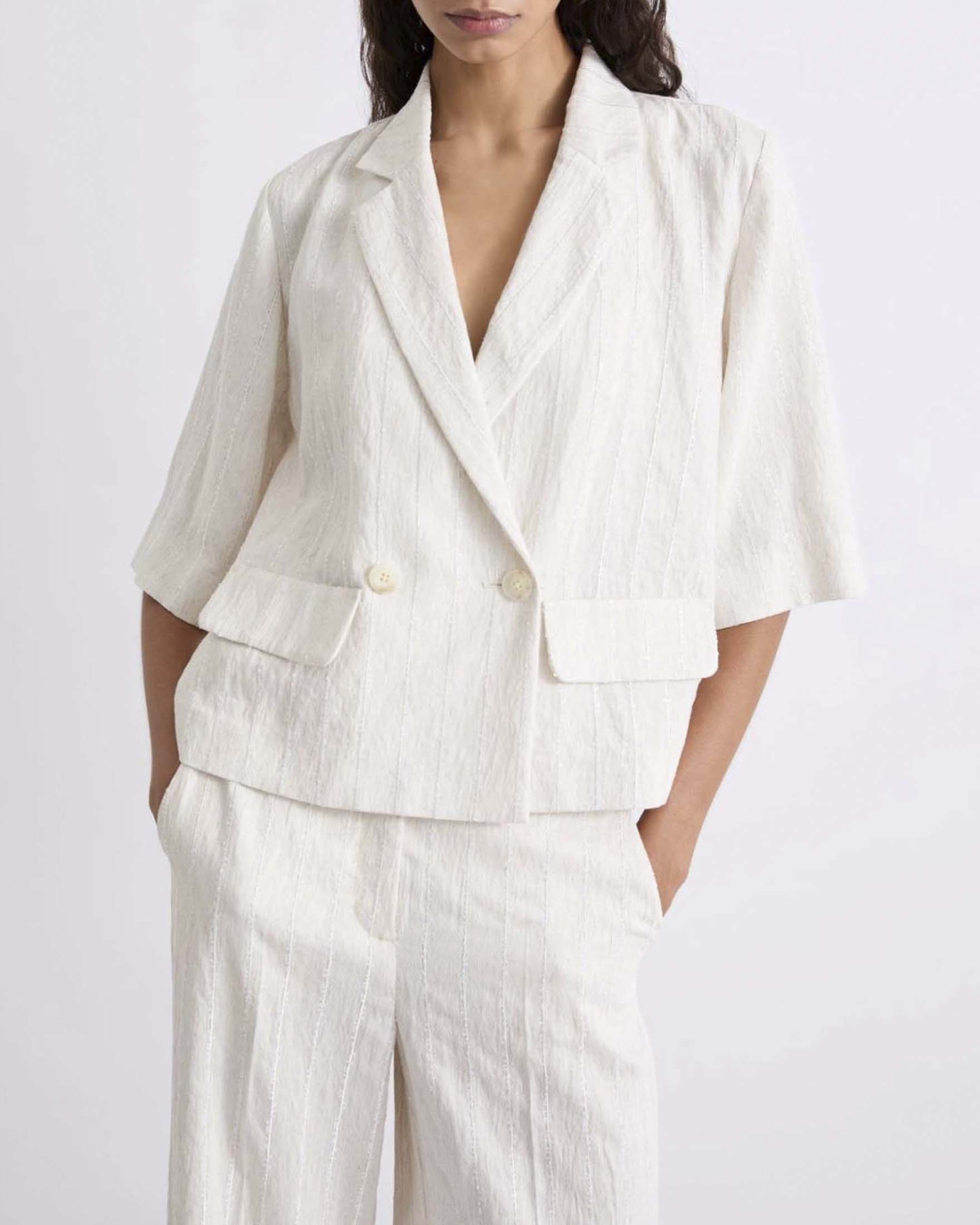 Blazer doppiopetto a mezza manica Marella bianco in viscosa e lino gessato con paillettes image