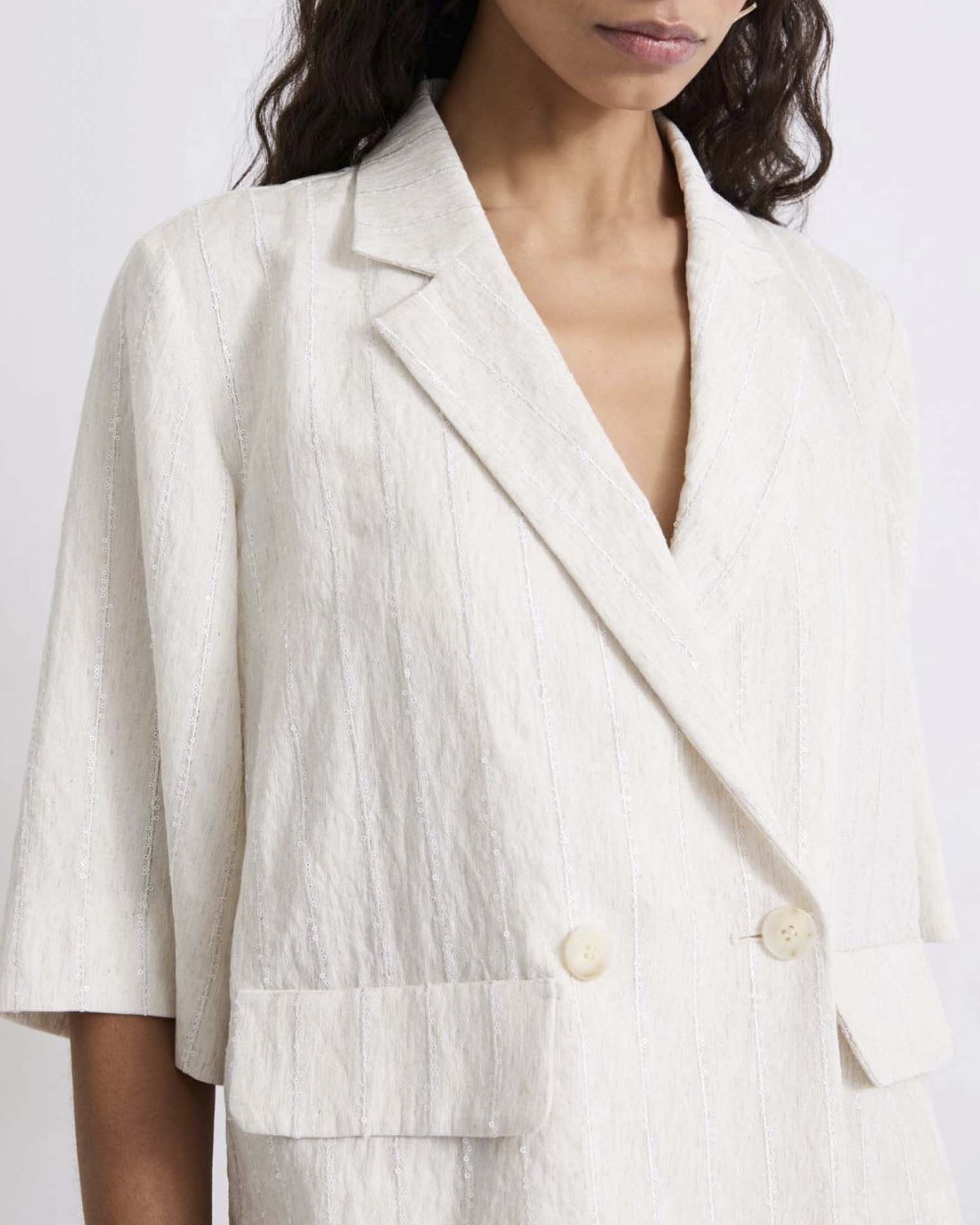 Blazer doppiopetto a mezza manica Marella bianco in viscosa e lino gessato con paillettes