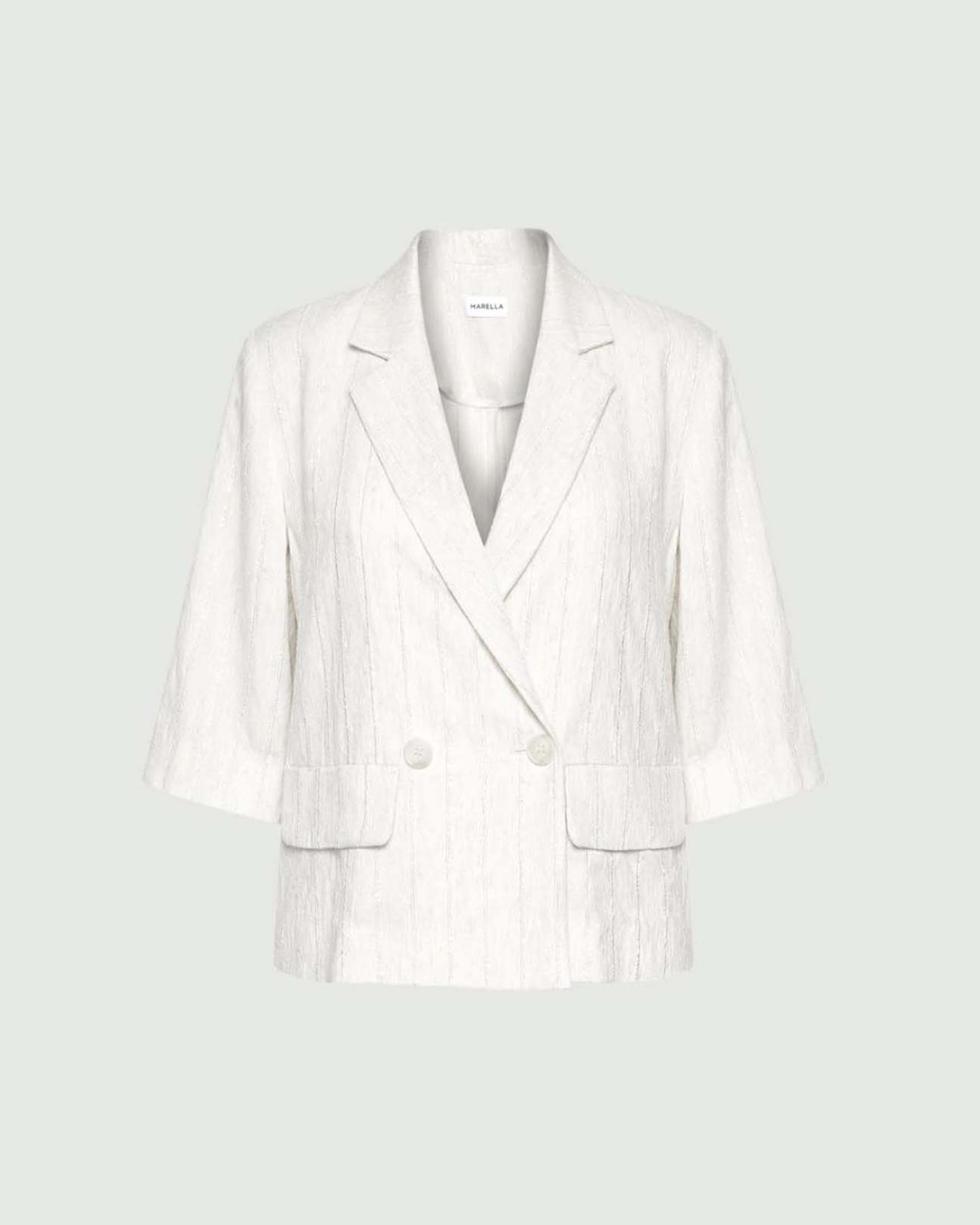 Blazer doppiopetto a mezza manica Marella bianco in viscosa e lino gessato con paillettes