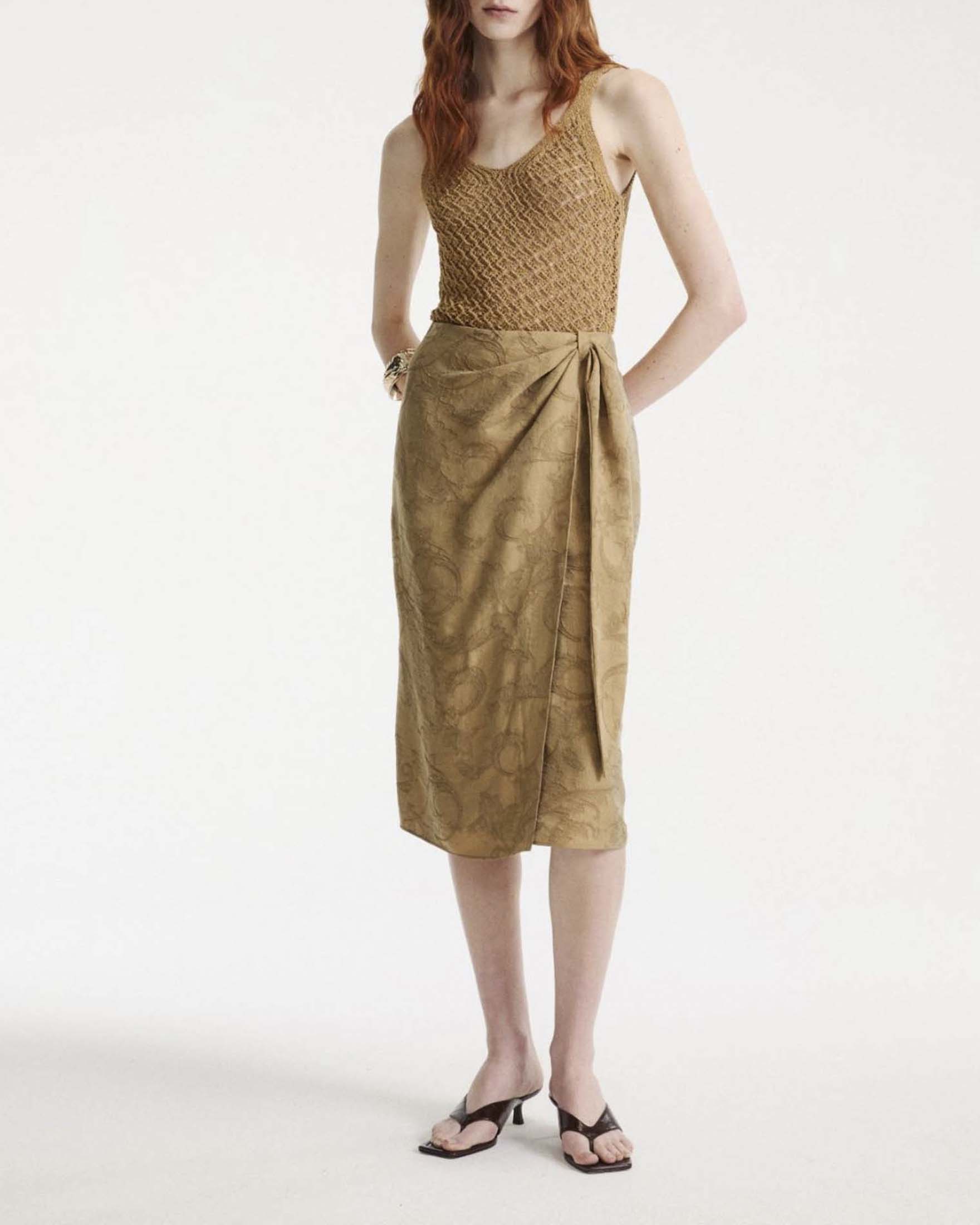 Gonna a portafoglio Marella color cuoio in misto viscosa con nodo effetto pareo