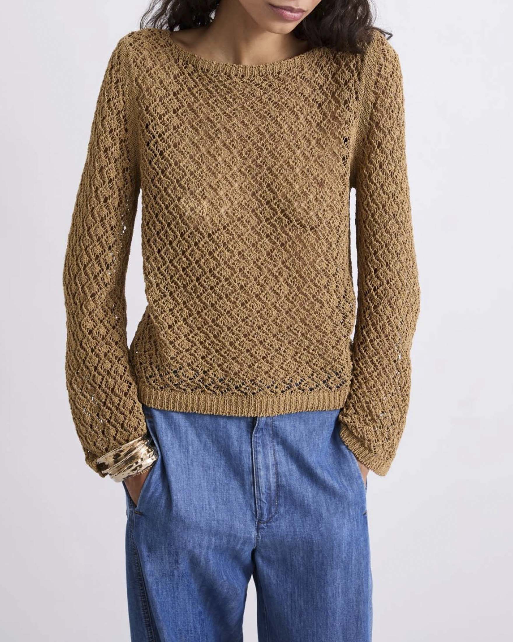 Maglia boxy Marella color cuoio in cordonetto di cotone e lurex con scollo a barchetta image
