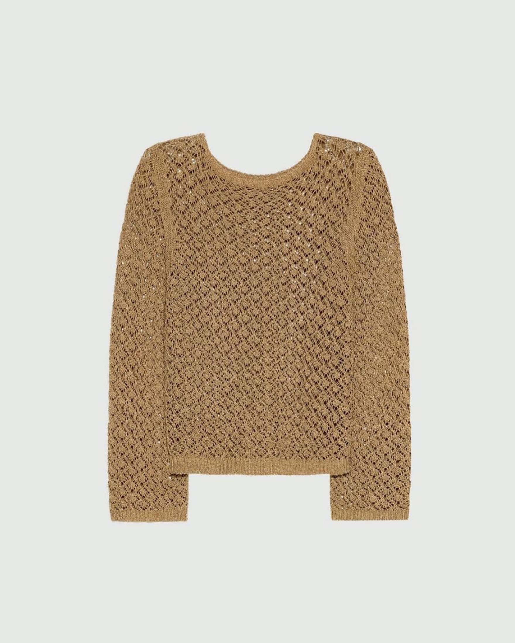 Maglia boxy Marella color cuoio in cordonetto di cotone e lurex con scollo a barchetta