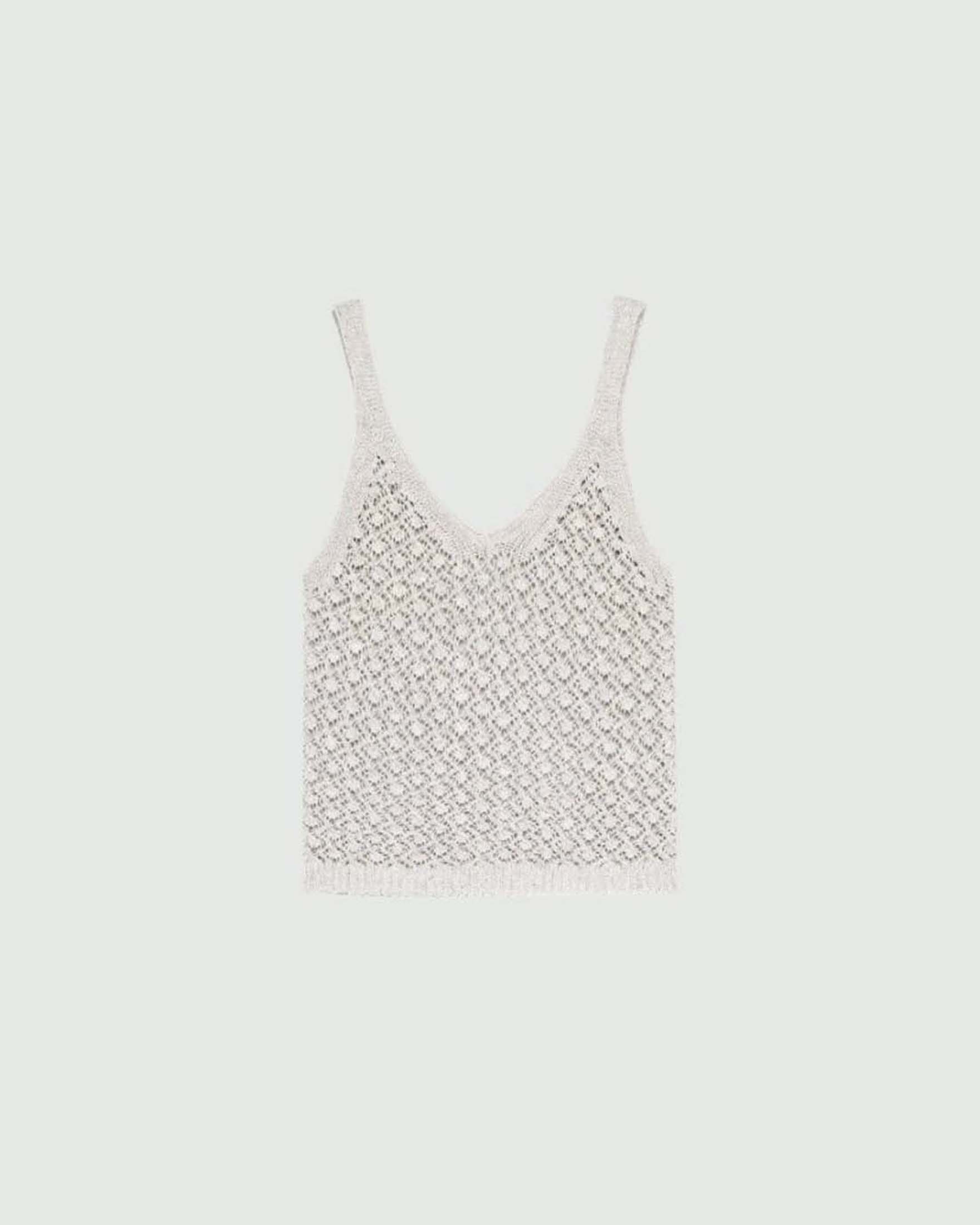Top scollo a V Marella color sabbia in cordonetto di cotone e lurex effetto crochet