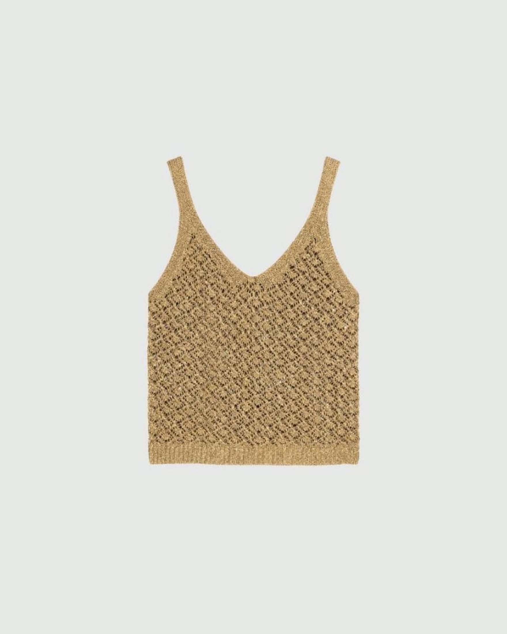 Top scollo a V Marella color cuoio in cordonetto di cotone e lurex effetto crochet