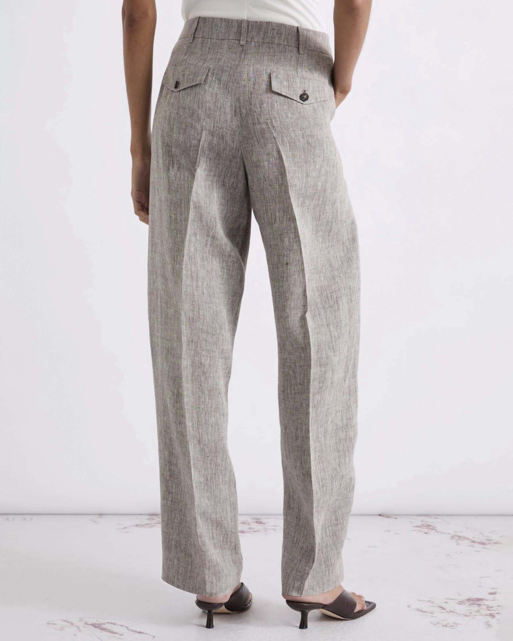 Pantaloni barrel Marella marroni in chambray di puro lino con piega stirata e tasche alla francese