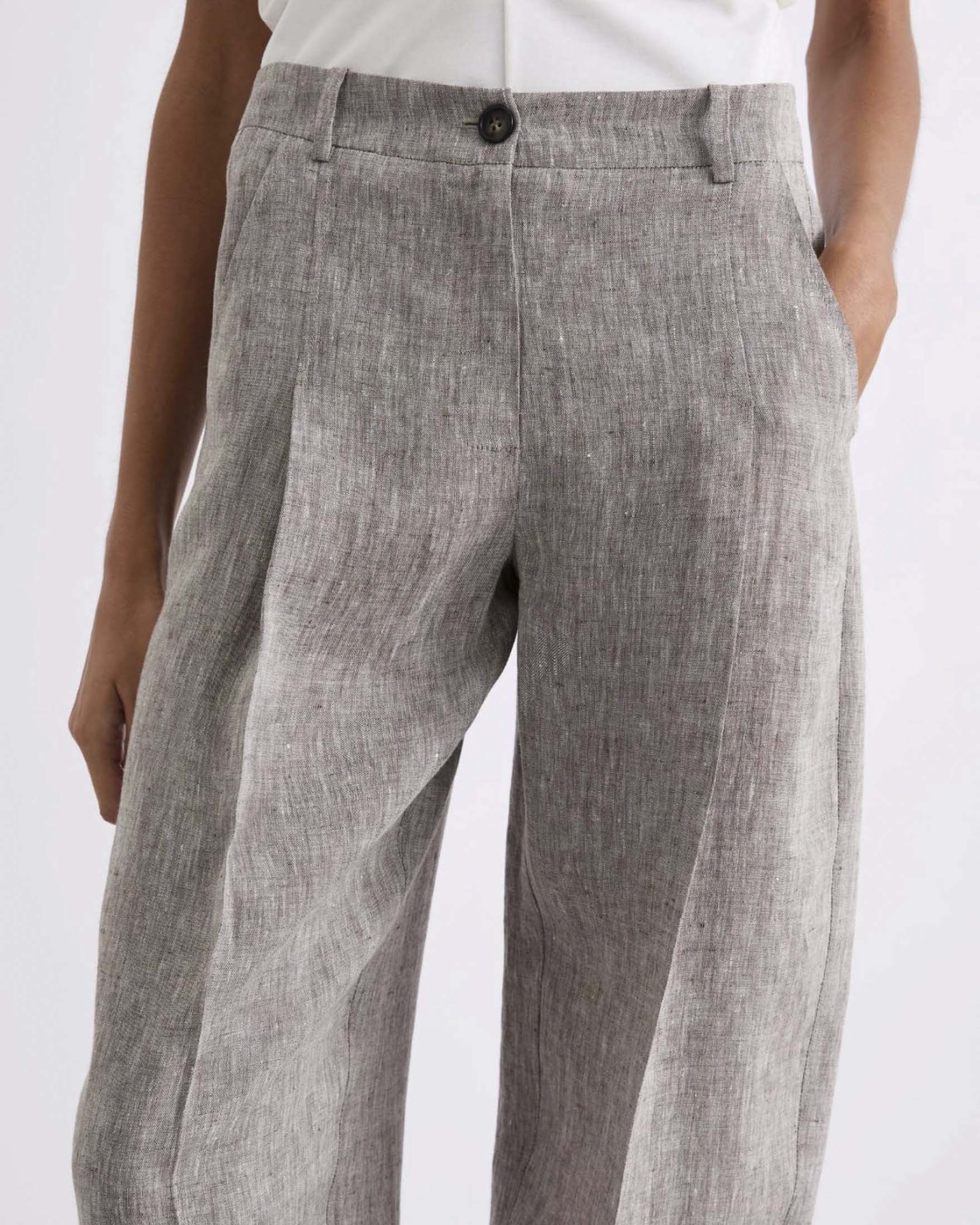 Pantaloni barrel Marella marroni in chambray di puro lino con piega stirata e tasche alla francese