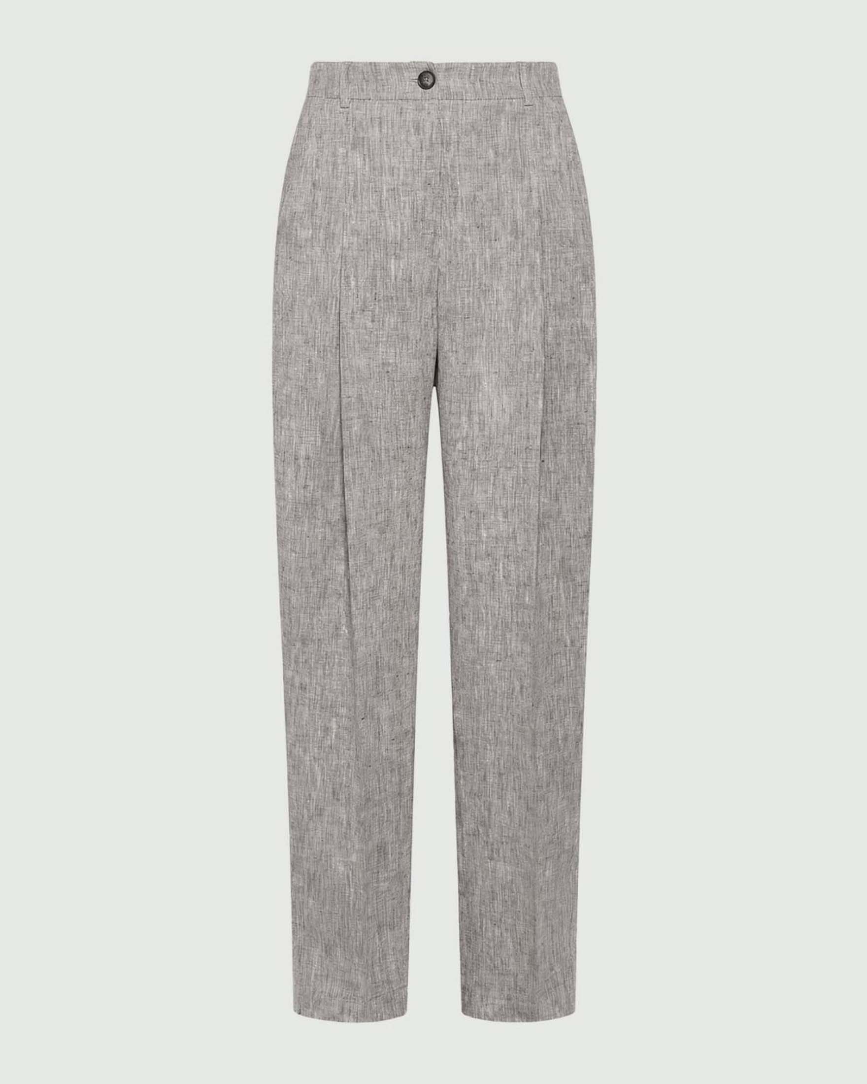 Pantaloni barrel Marella marroni in chambray di puro lino con piega stirata e tasche alla francese