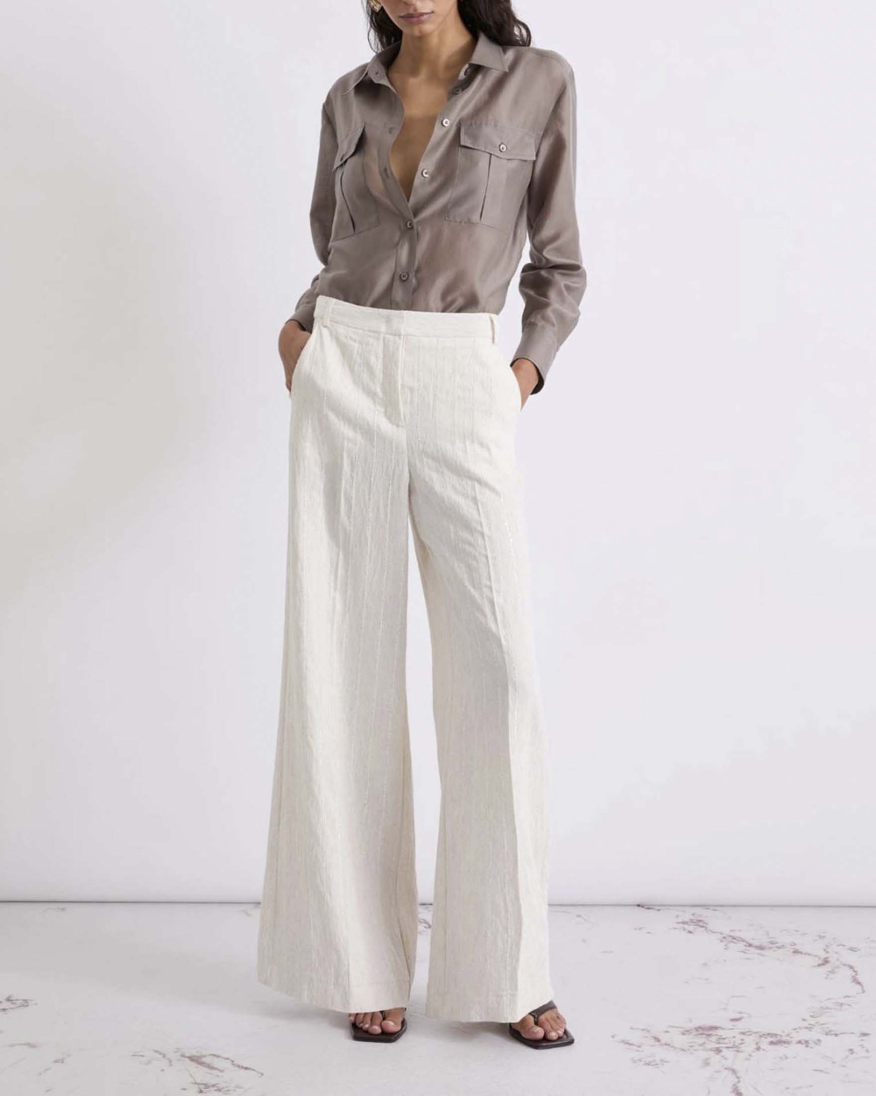 Pantaloni wide Marella bianchi in viscosa e lino gessati con micro paillettes