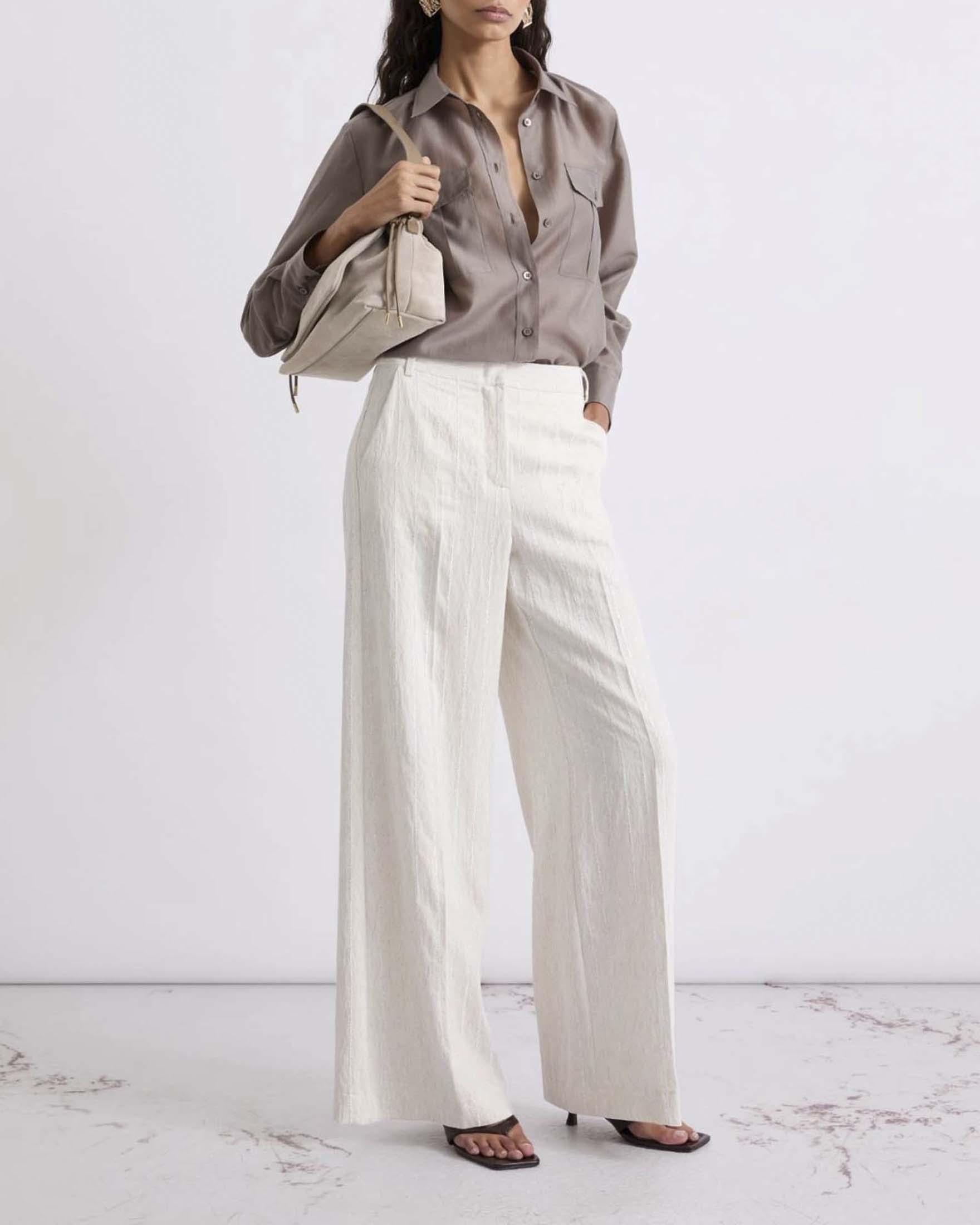 Pantaloni wide Marella bianchi in viscosa e lino gessati con micro paillettes image