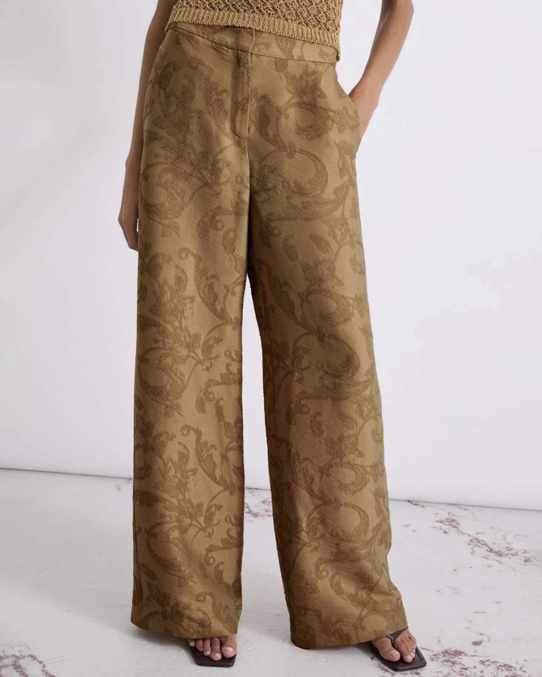 Pantaloni wide Marella color cuoio in viscosa con chiusura a gancio e vita elasticizzata